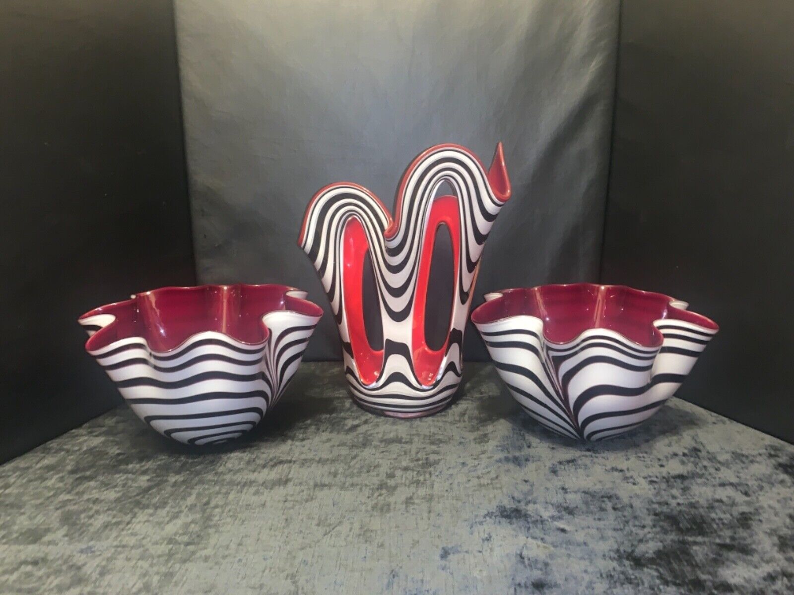 Jozefina Krosno 3 Piece Vase & Bowl zebra Hand Blown Glass Set