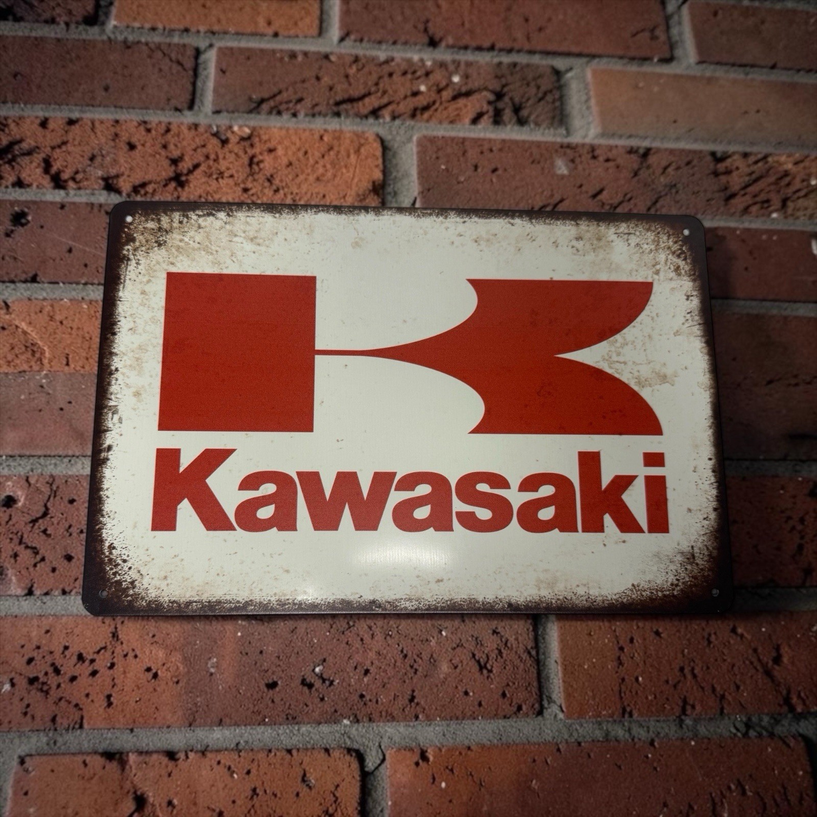 Vintage Kawasaki Metal Tin Sign Rustic Patina Garage Shop Wall Decor 11.75
