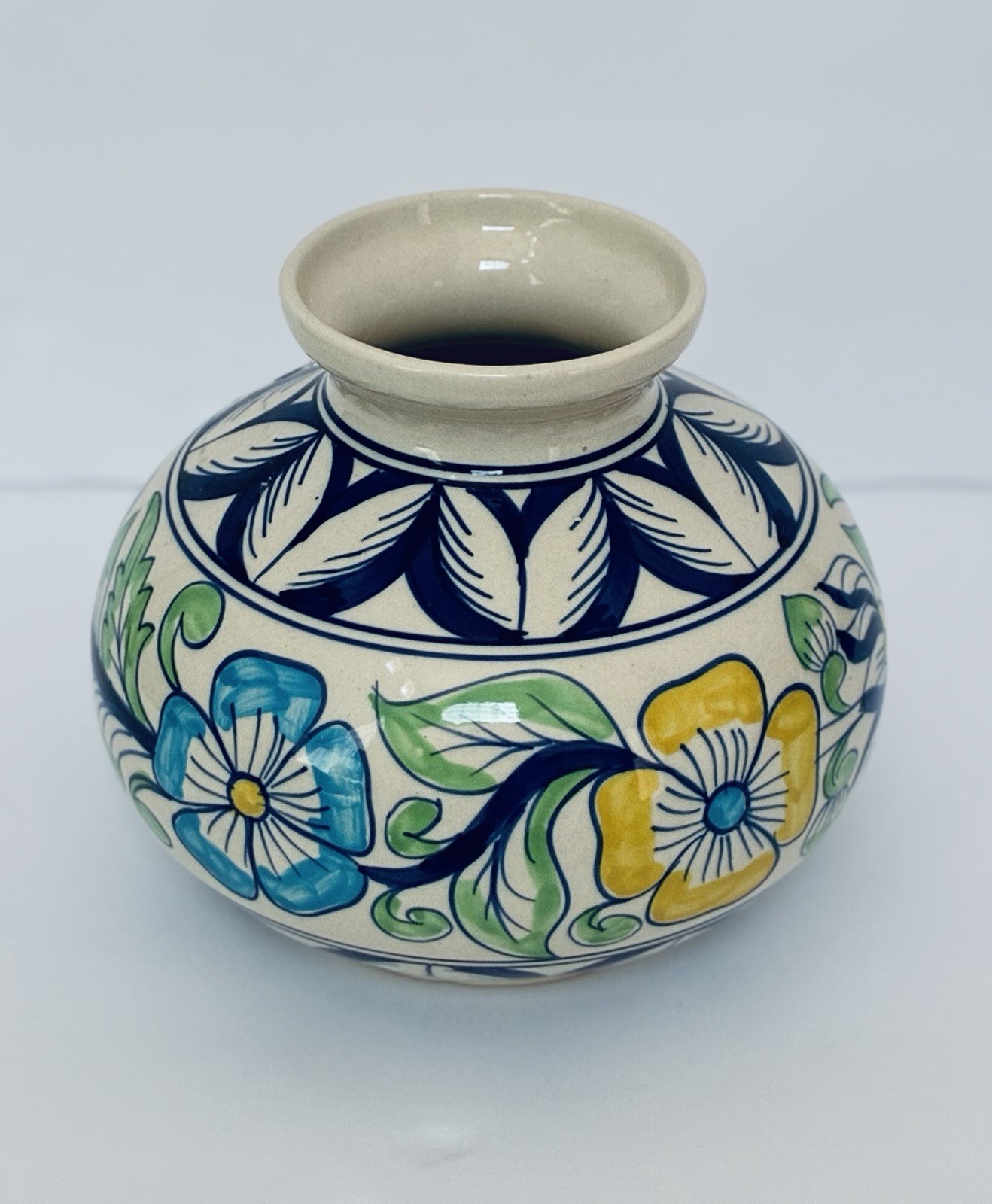 Vintage Hand Painted Vase Made In Italy Geometrico Blue/ Yellow Floral 6\