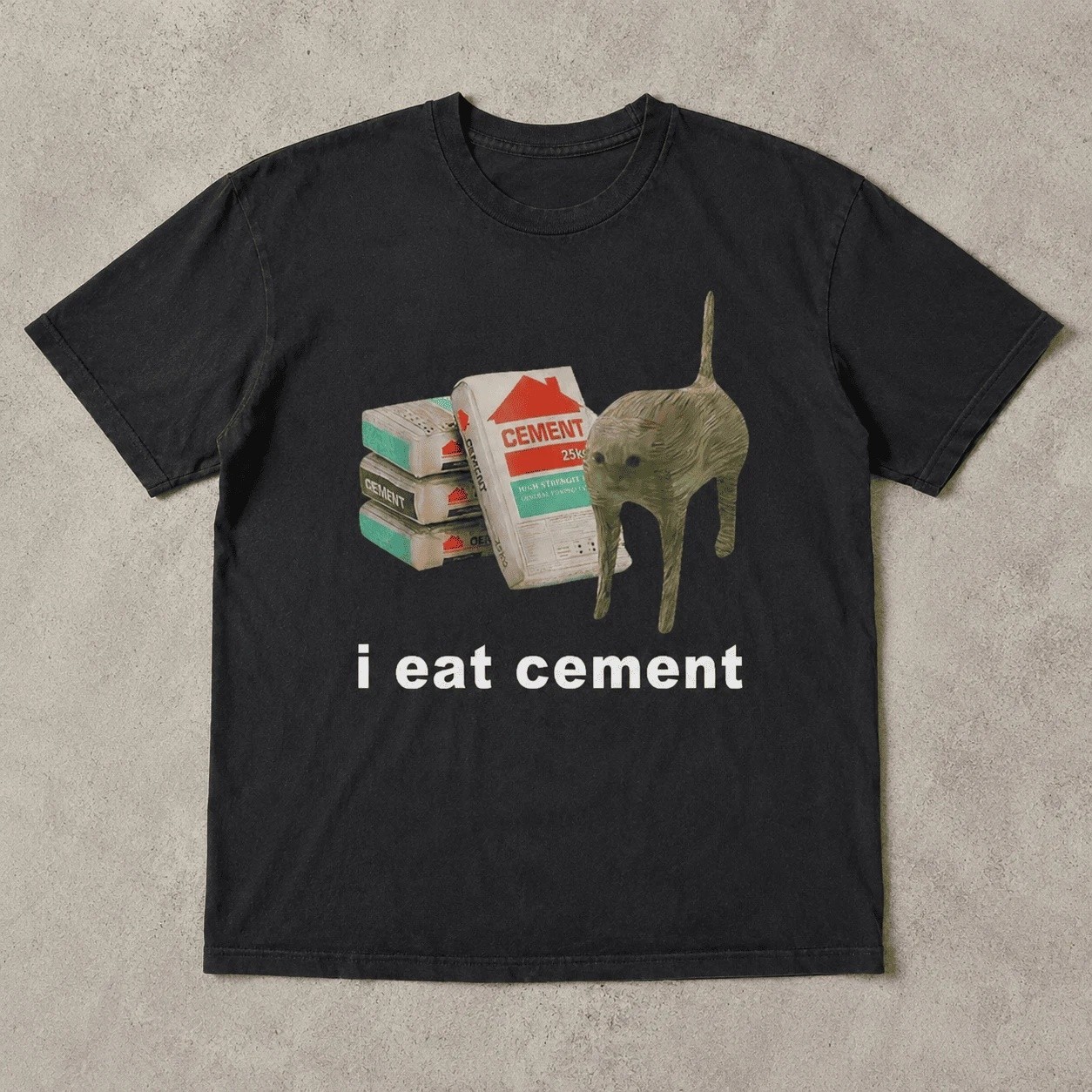 I Eat Cement Funny Cat Meme Shirt Mens Graphic Humor Black T-Shirt