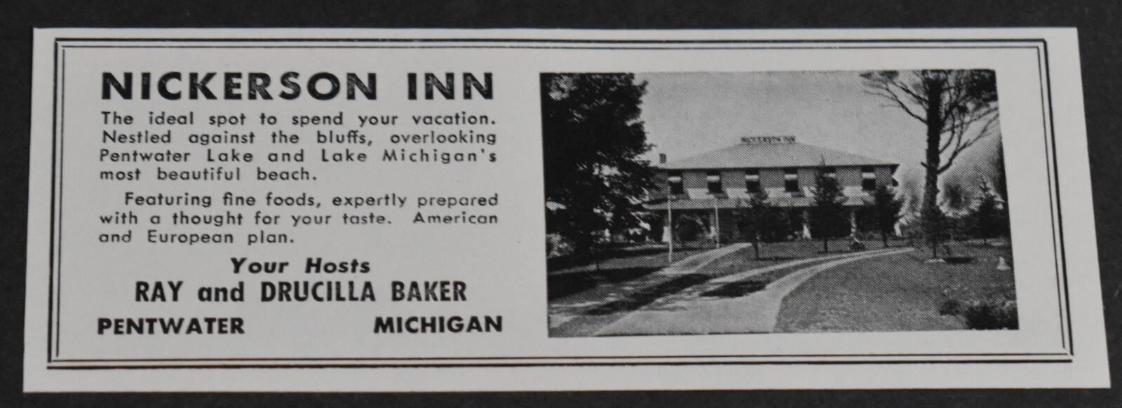 1951 Print Ad Michigan Pentwater Nickerson Inn Ray Drucilla Baker Beach art