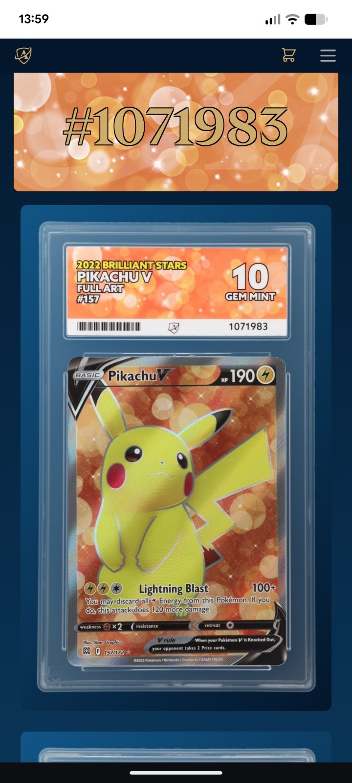 Pikachu V 2022 Brilliant stars Full art #157 Ace 10 Gem Mint perfect sub grades