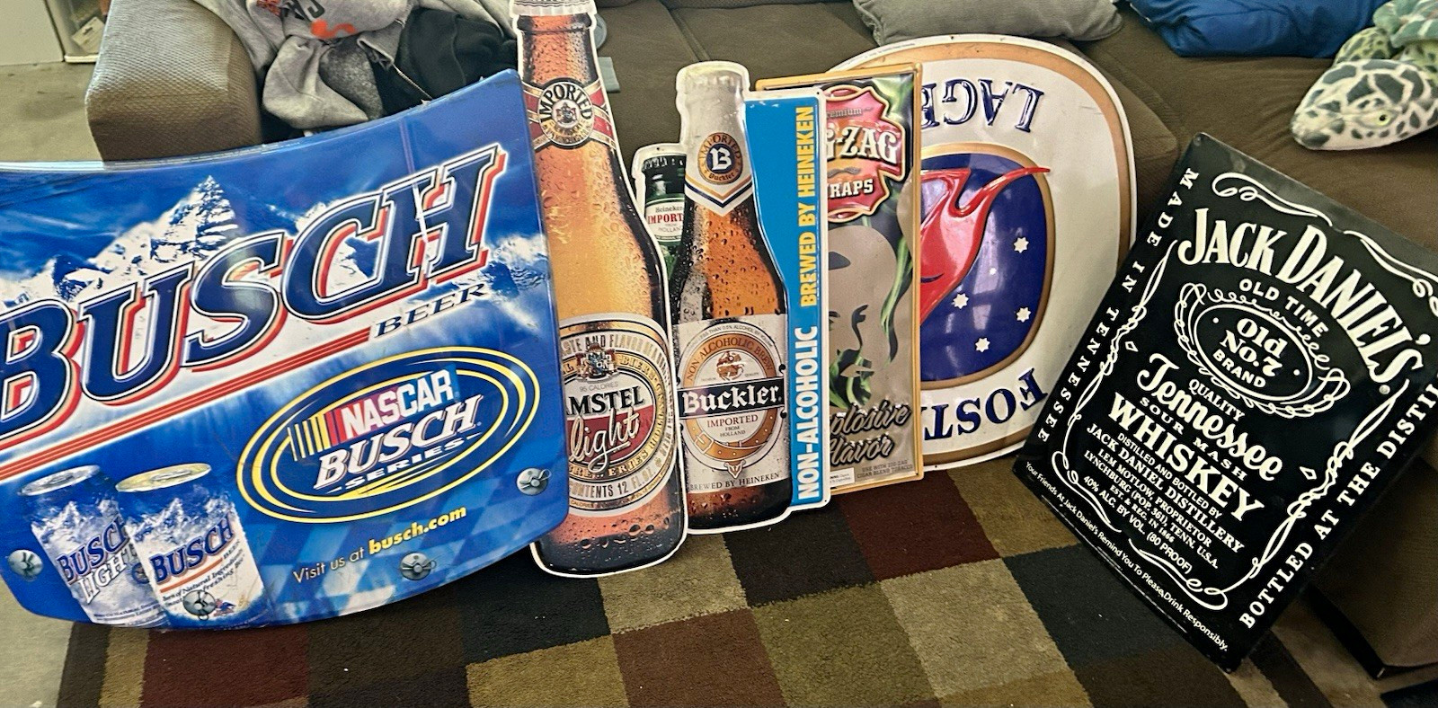 Busch NASCAR Sign + Amstel Light/Buckler Cutouts, Foster\'s Tin, Jack Daniel\'s
