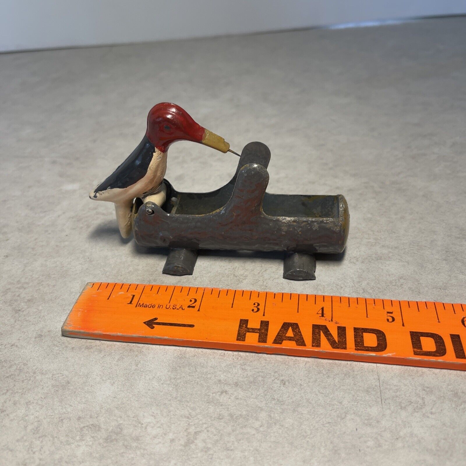 Woodpecker on Log Toothpick Holder Dispenser - Vintage Cast Iron Metal