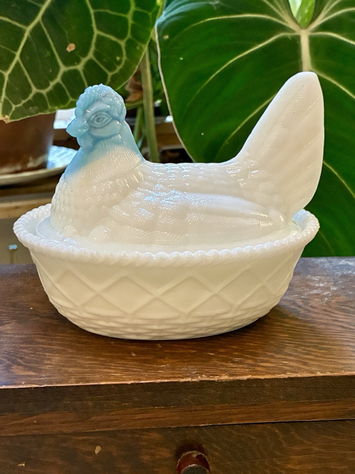 Vintage Westmoreland Hen On Nest, White Milk Glass With Blue Slag Head