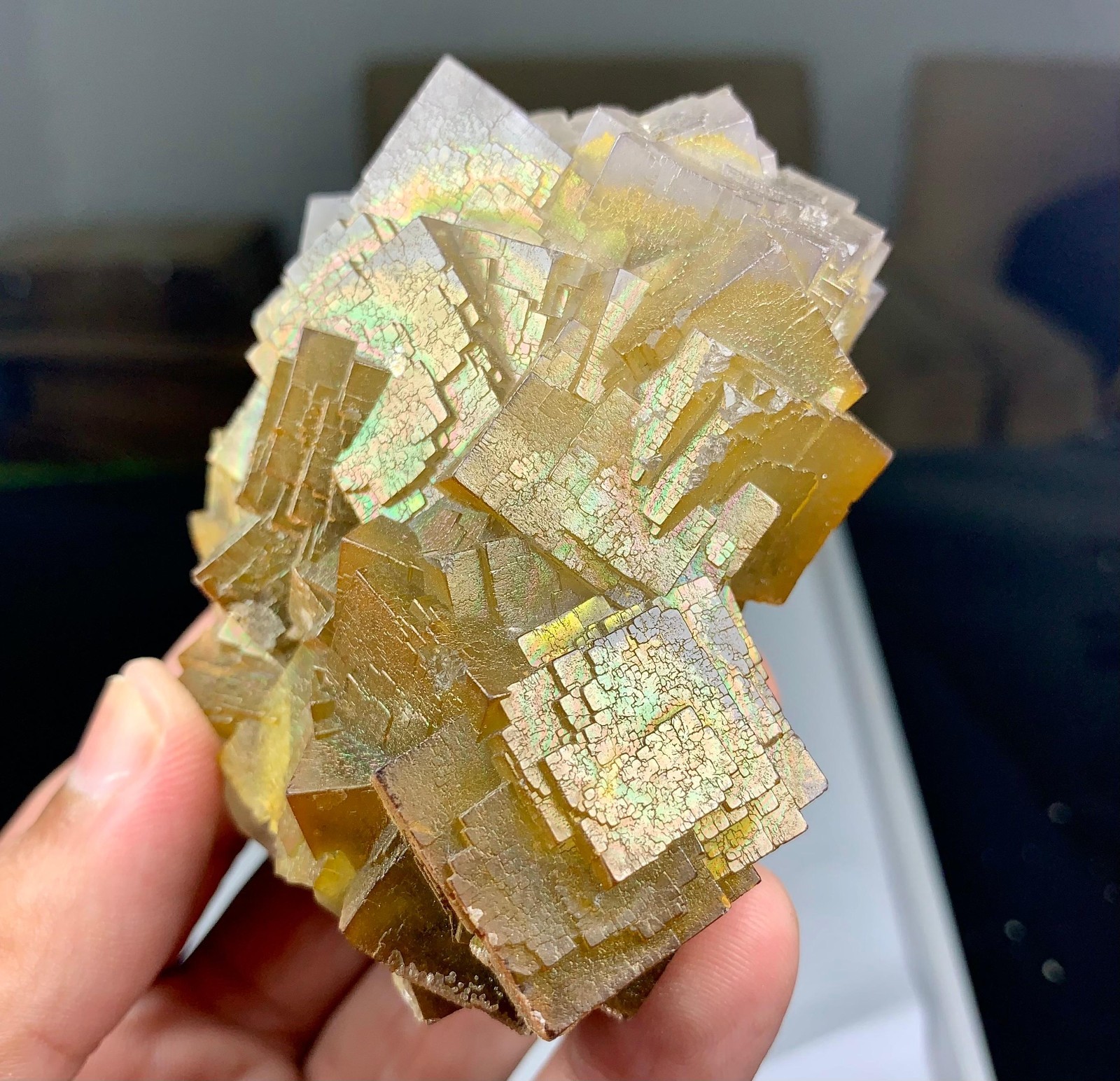 Rare Golden Iridescent Fluorite Cluster | Stepped Rainbow Fluorite, 334g Rare Golden Iridescent Fluorite Cluster | Stepped Rainbow Fluorite, 334g