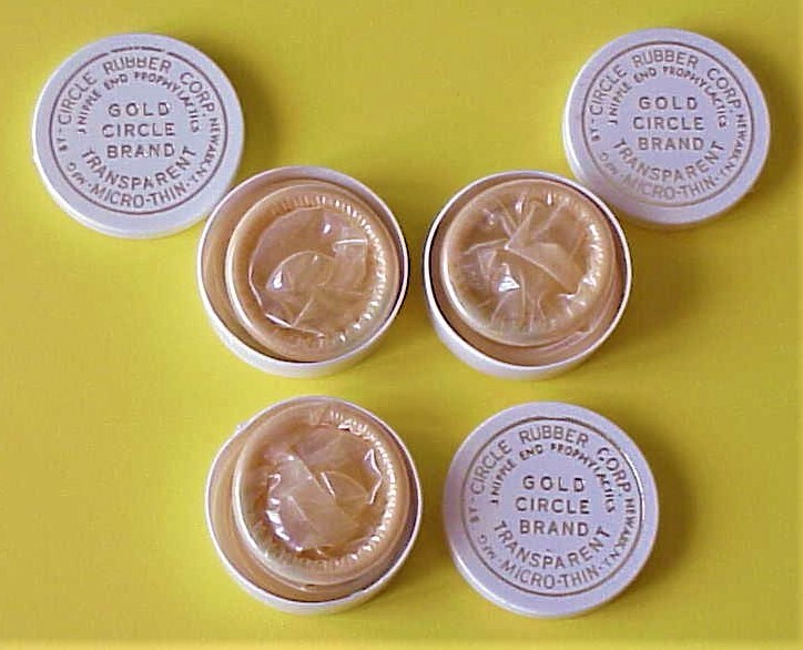 9 VINTAGE, GOLD CIRCLE BRAND CONDOMS / RUBBERS, NIPPLE END, 3 packs of 3.
