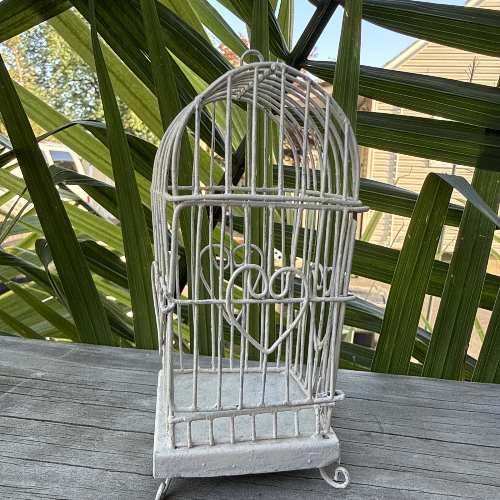 Small decorative white metal birdcage 5” Tall