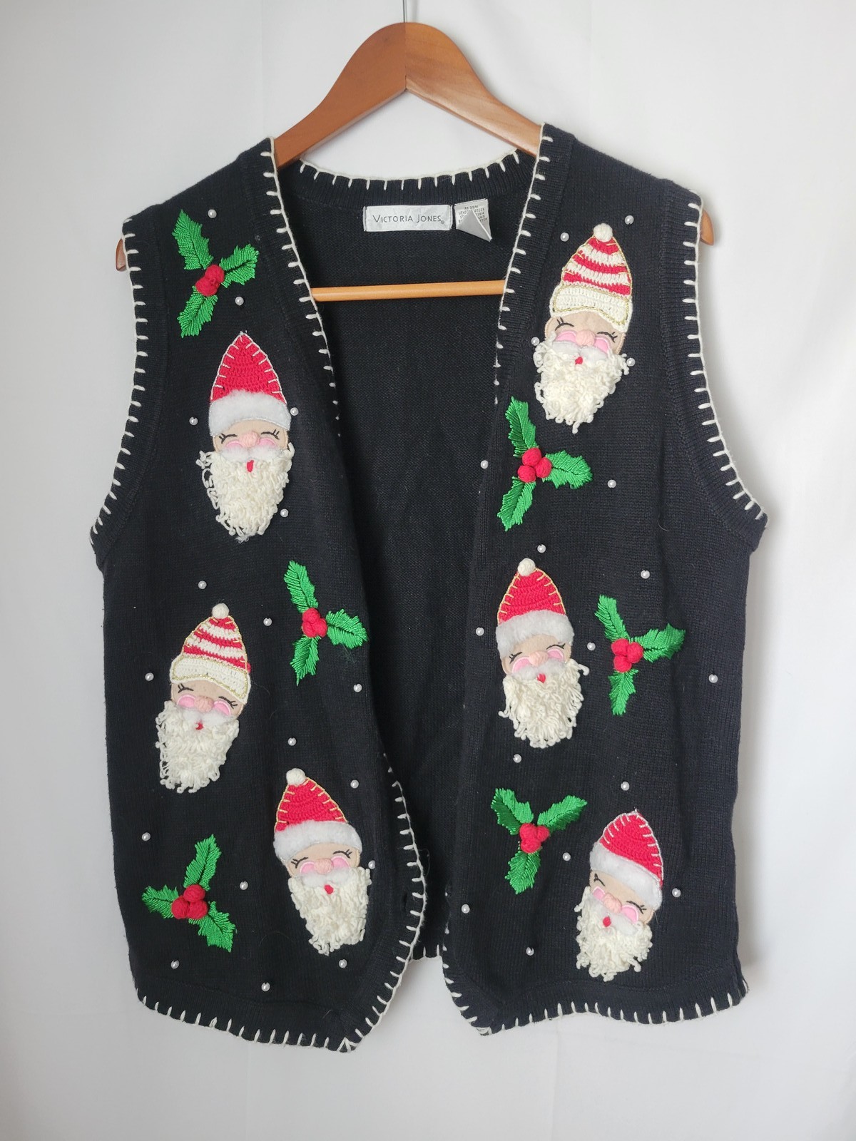 Victoria Jones Ugly Christmas Sweater Vest Women\'s M Black Santa Holly Applique