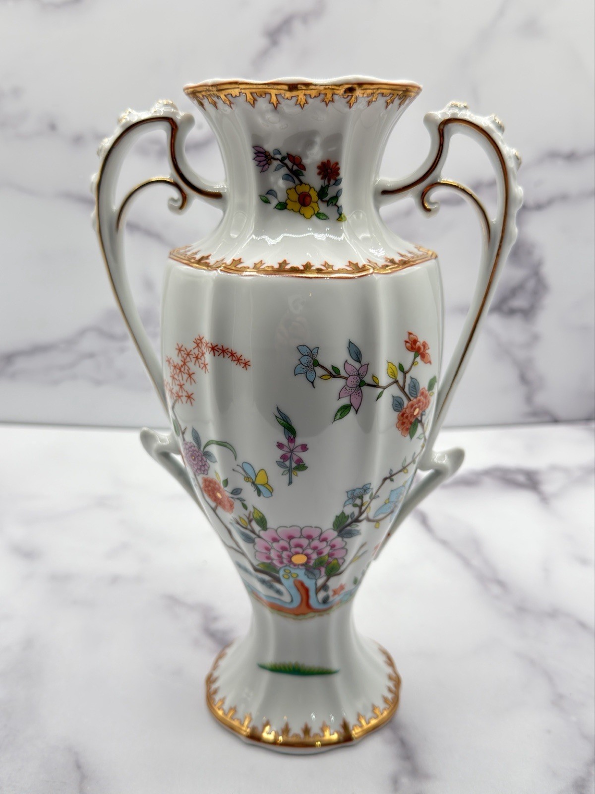 Vintage Aichi Seto Japan Porcelain Urn Vase Floral Double Handle Gold Trim