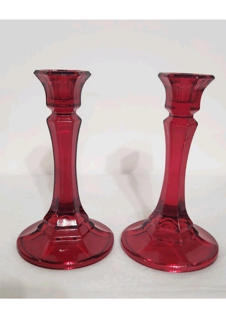 VTG Ruby Red Glass Candle Stick Holders Set of 2 Panelled Stem Pressed Glass 6 VTG Ruby Red Glass Candle Stick Holders Set of 2 Panelled Stem Pressed Glass 6