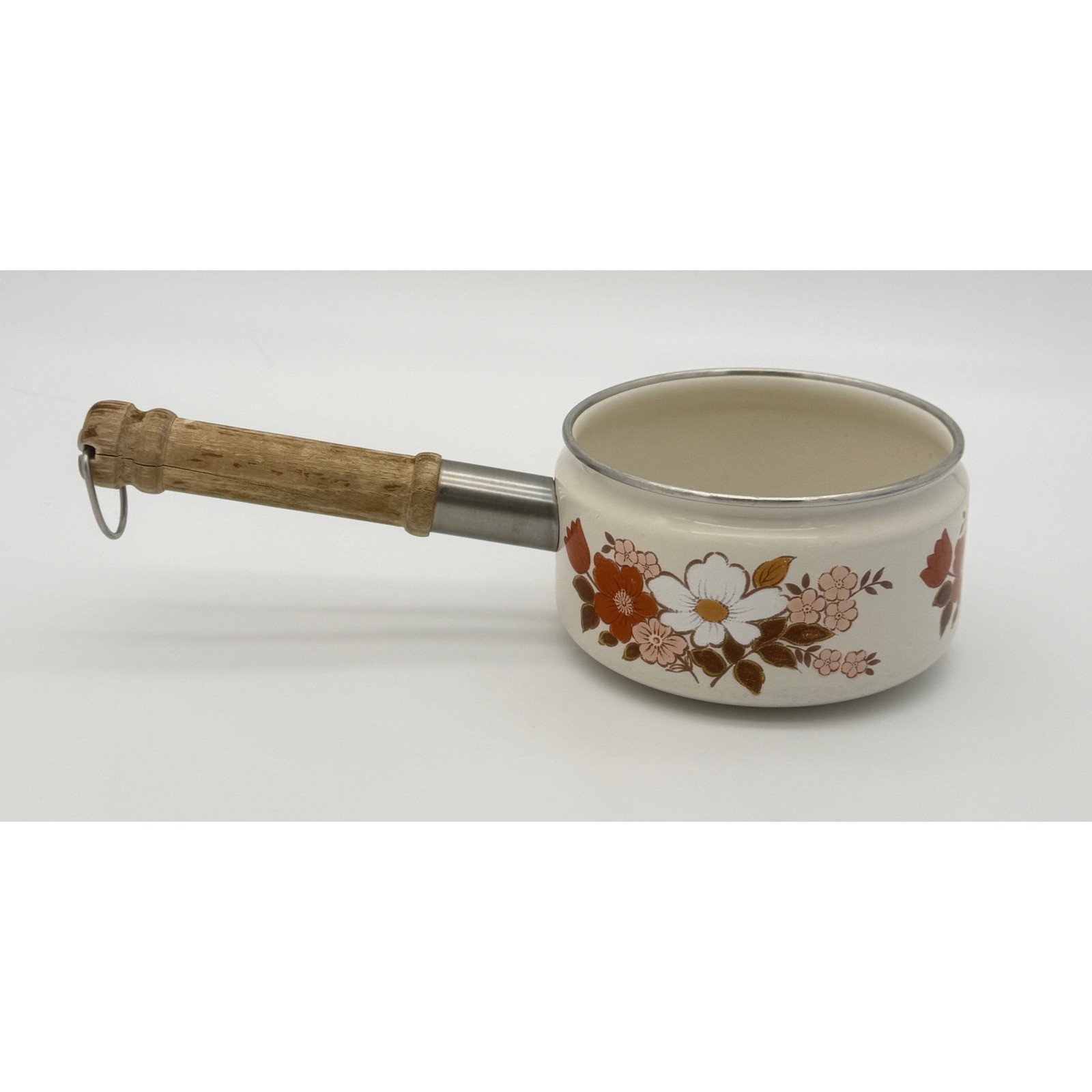 Vintage Kingsbury Dogwood Enamel Saucepan Wood Handle Floral Made in Japan Vintage Kingsbury Dogwood Enamel Saucepan Wood Handle Floral Made in Japan