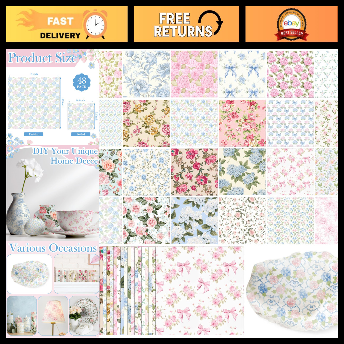 48 Pack Assorted Floral Napkins for Decoupage - 13 Inch, 24 Unique Styles