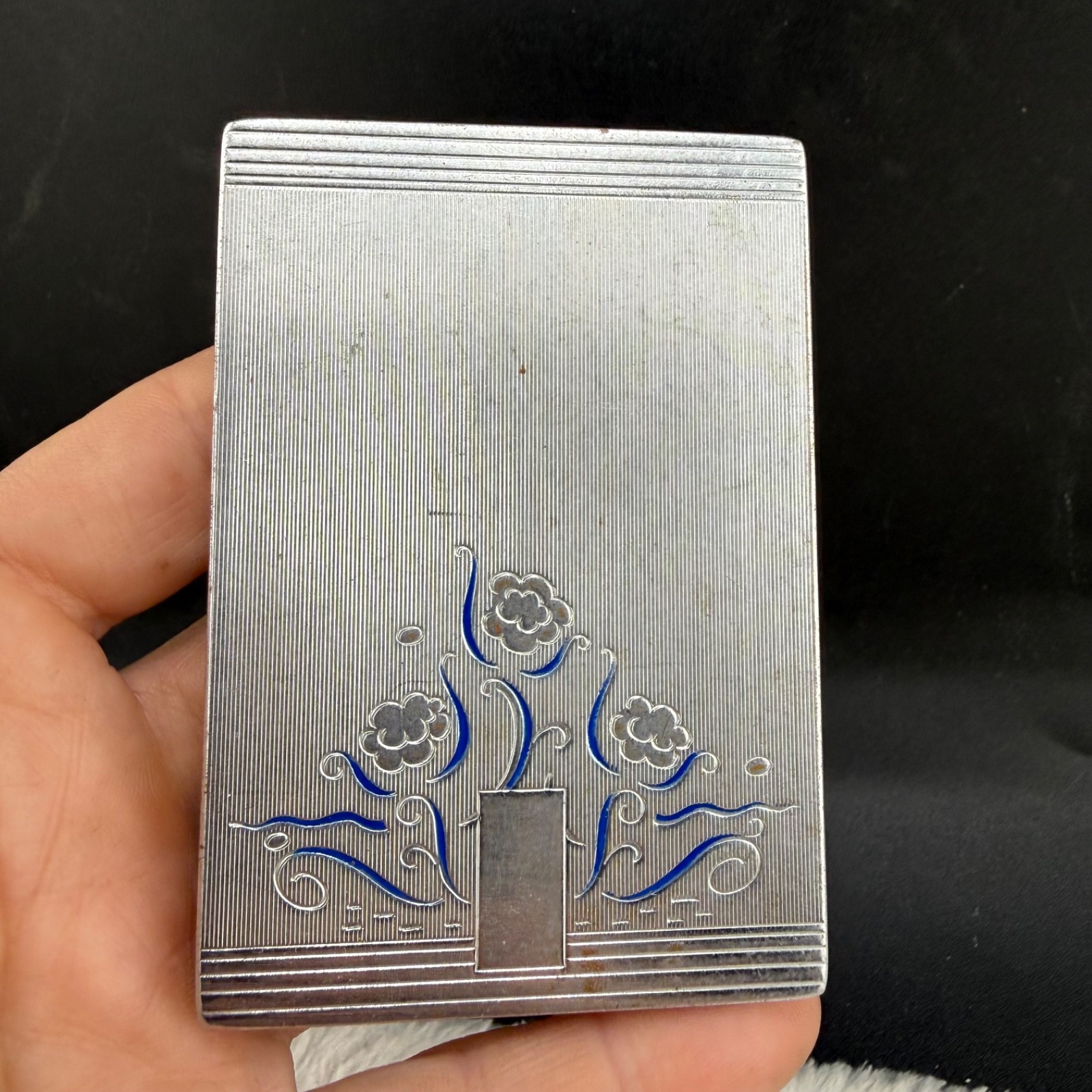 Vintage Bourjois Evening In Paris Makeup Compact Silver Blue Floral Art Deco