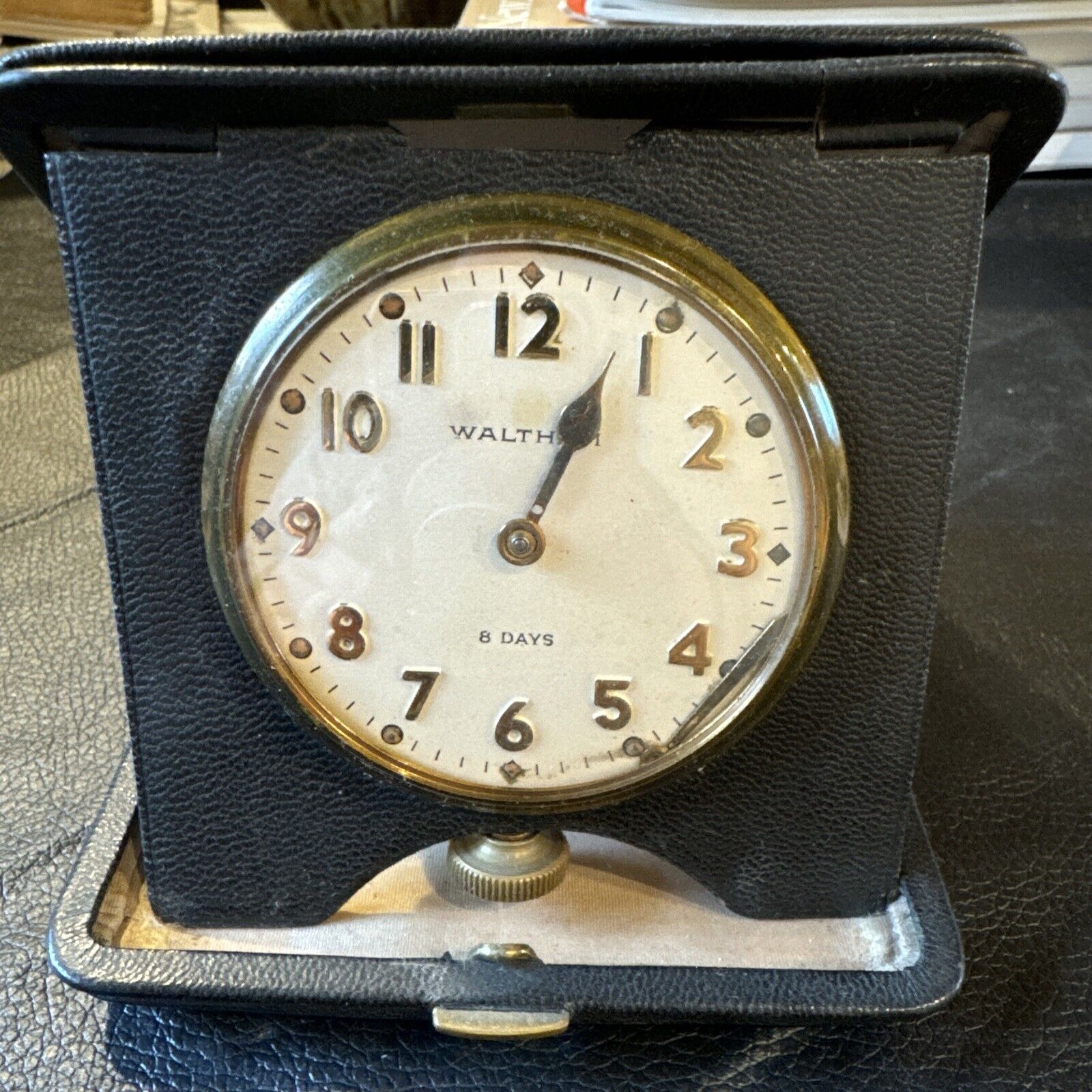 Antique 1926 WALTHAM 9J Mechanical Wind-Up 8 Day Travel Clock with Leather Case