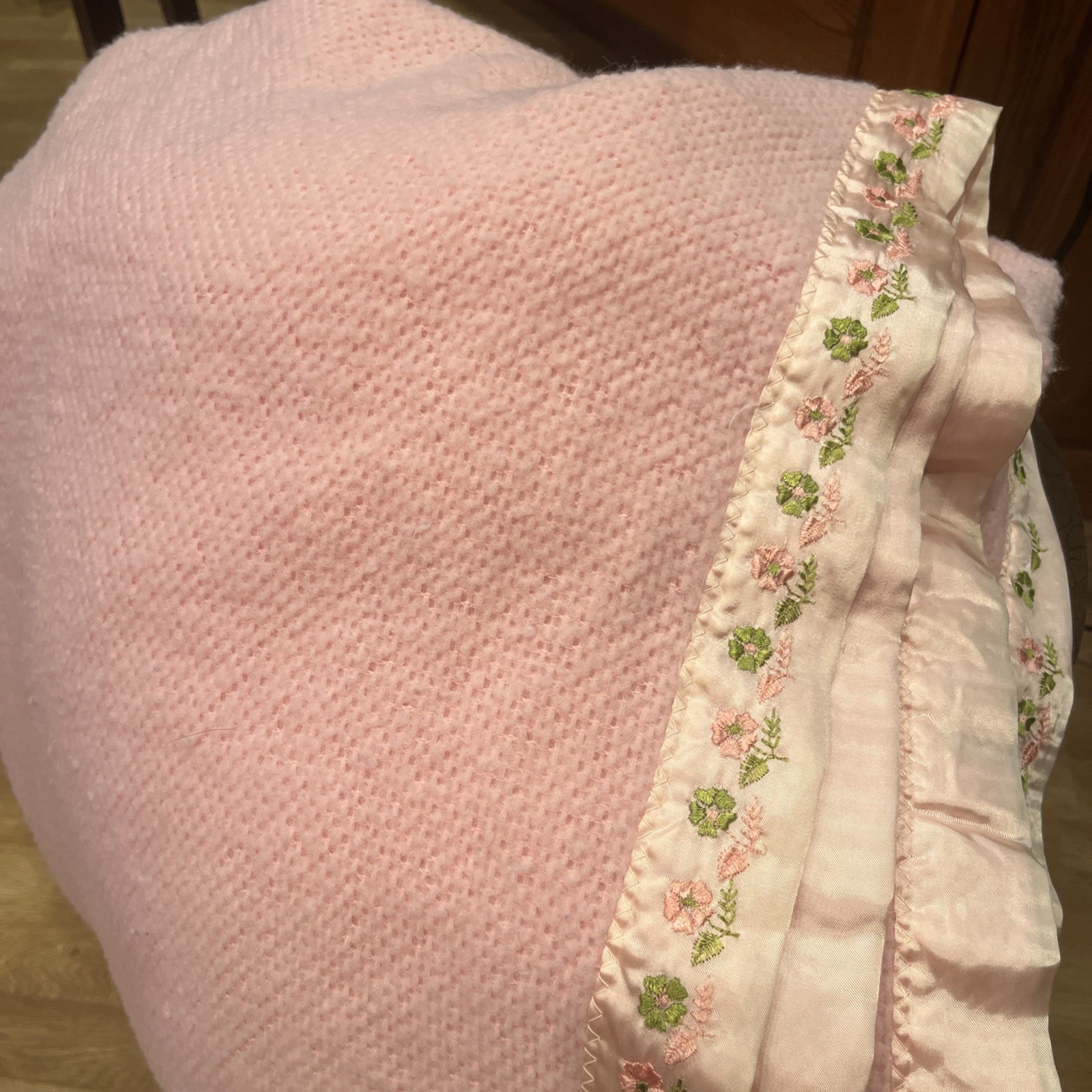 Vintage Pink Blanket Satin floral Embroidery Edge one side Cottage Grandma Core