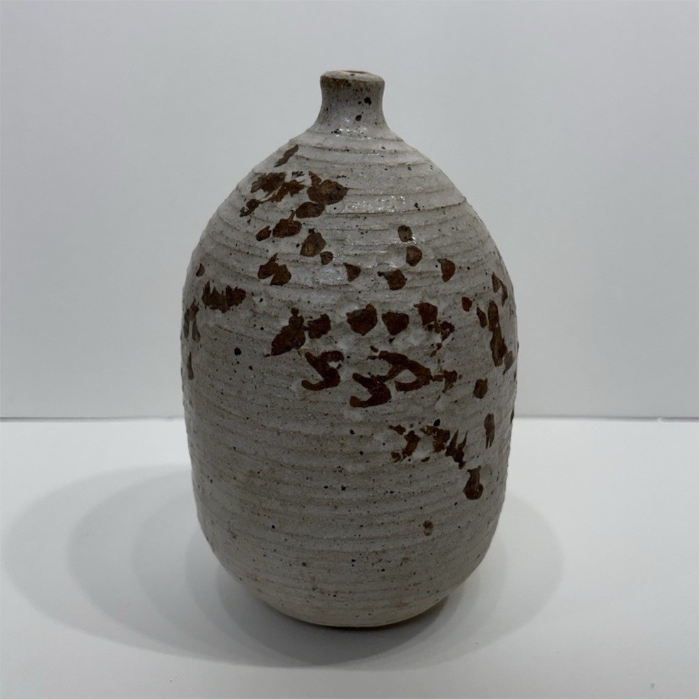 Studio Pottery Stoneware Bottle Vase 7” Speckled Brown Cream MCM Vintage Signed 