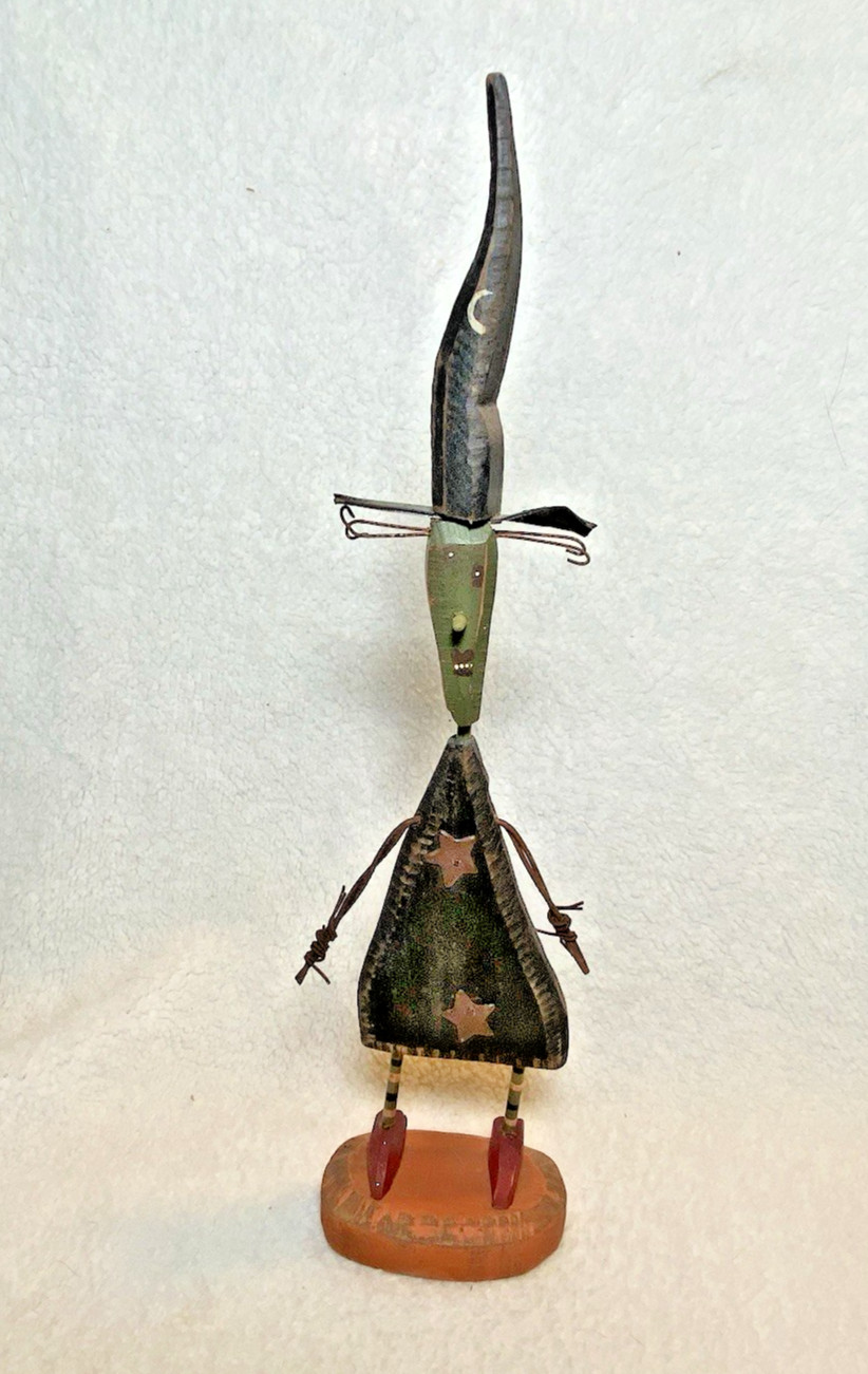 Vintage Halloween Skinny Wood Witch Sculpture Dan DiPaolo Signed Primitive Folk
