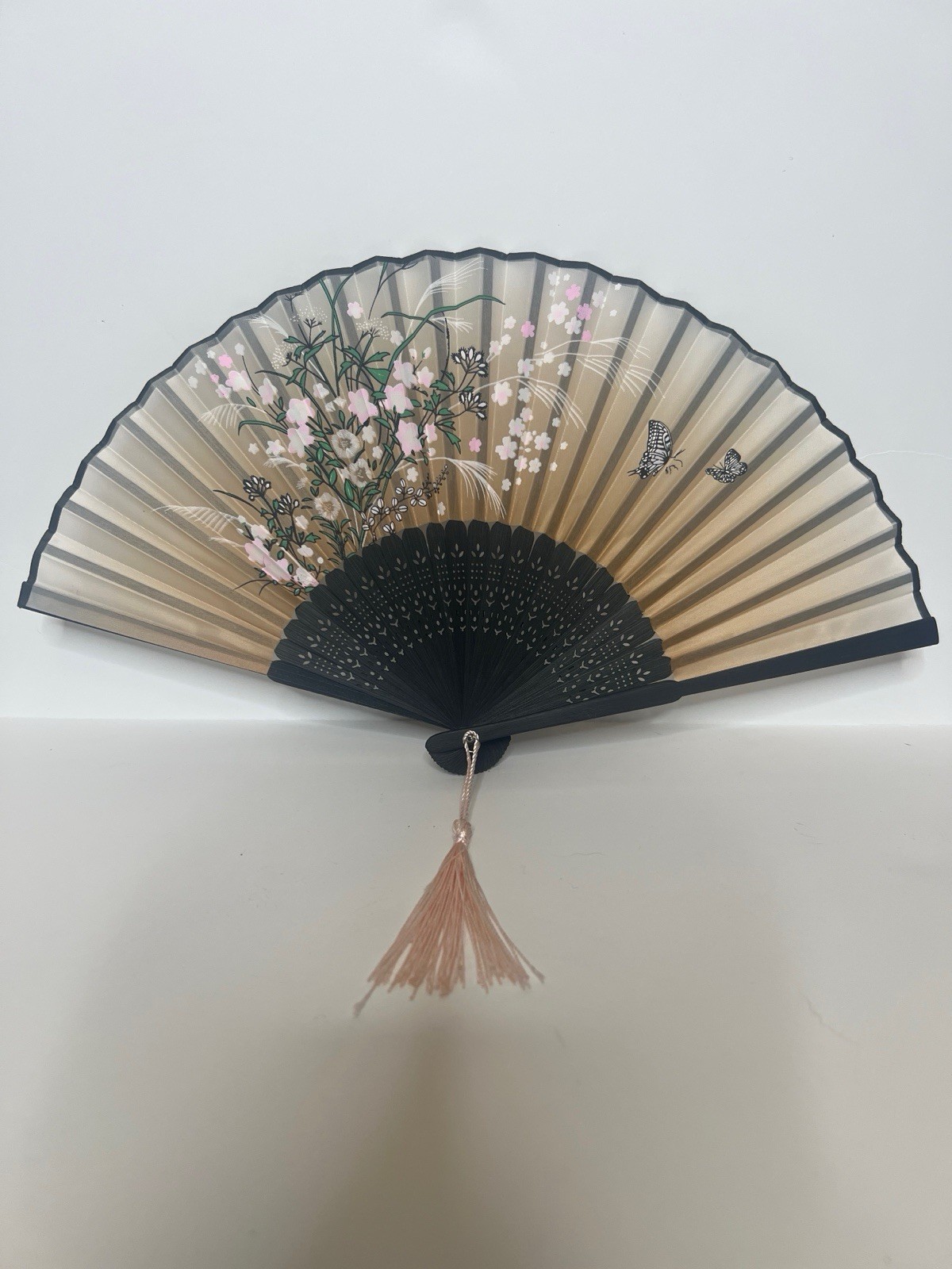 Vintage Japanese Silk Folding Hand Fan Cherry Blossom Butterfly Bamboo Tassel⁠