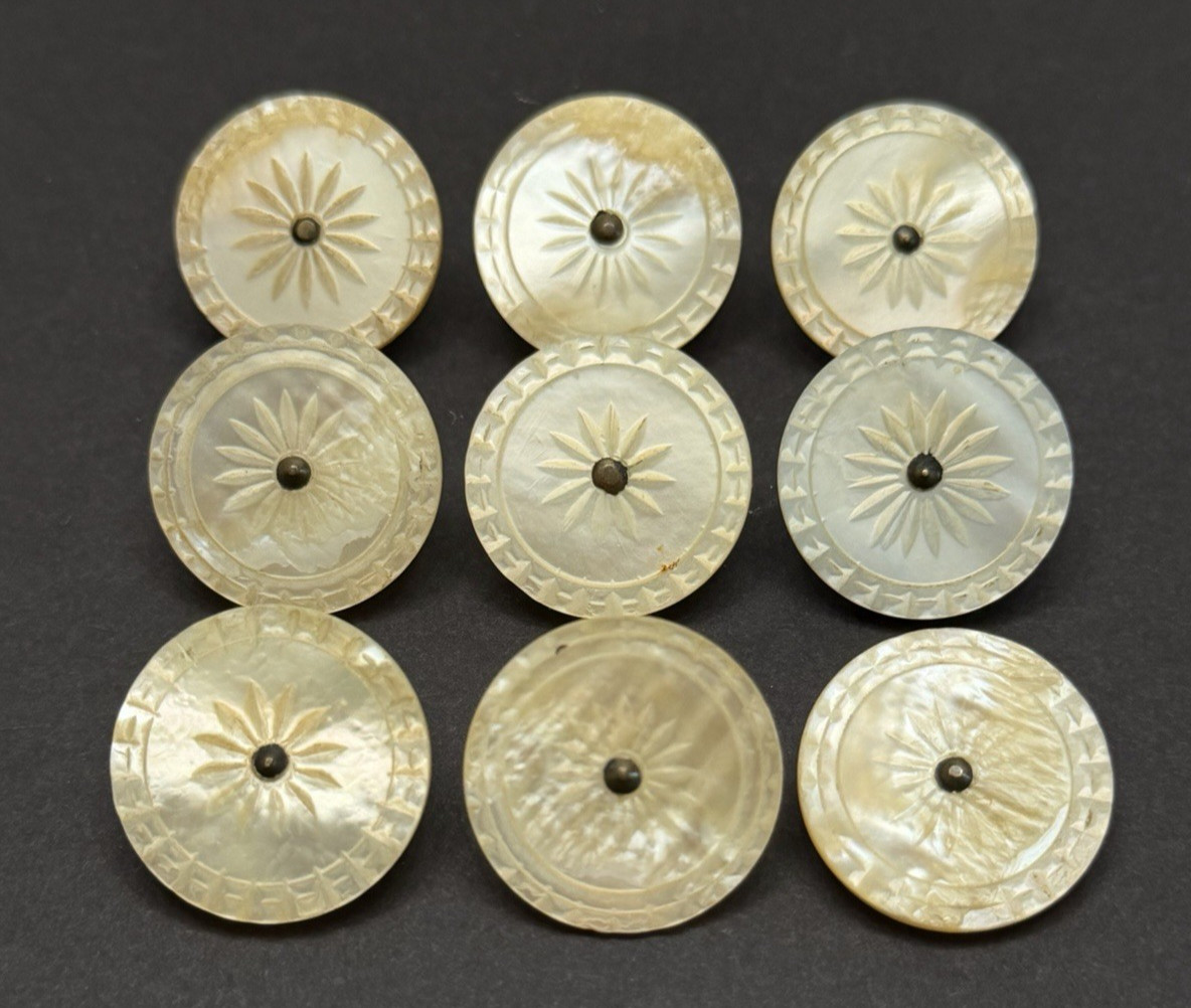 LOVELY Vintage Set of 9 Carved MOP Buttons w/Pin Shank - 1