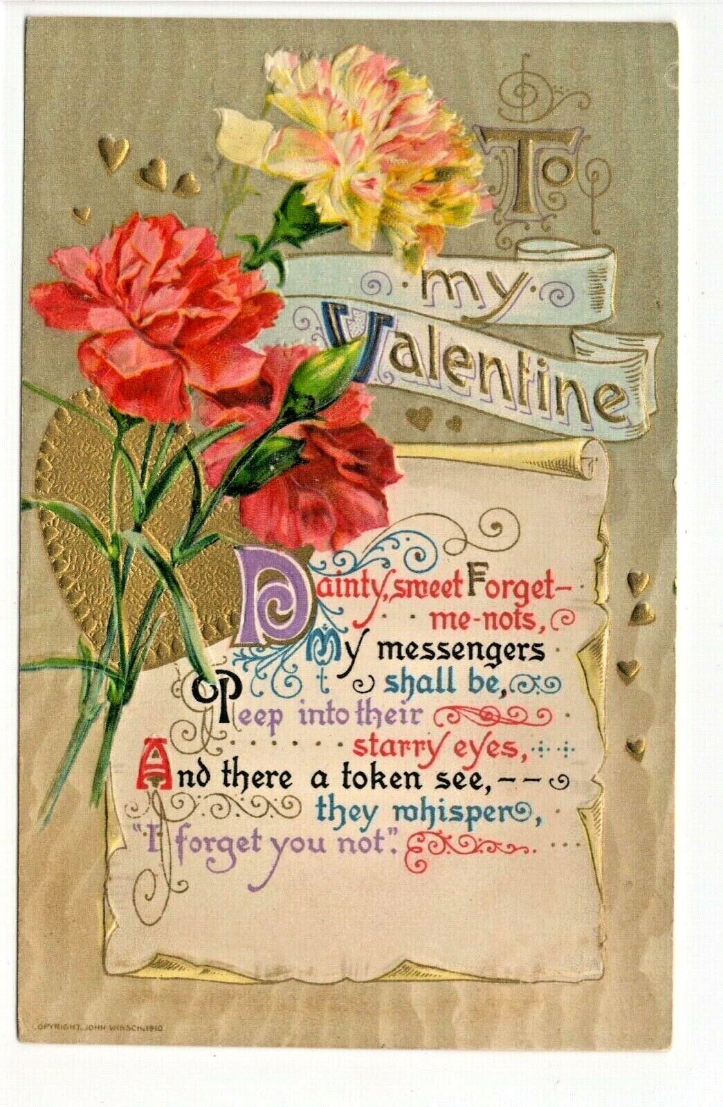 John Winsch Valentine Vintage Postcard Pink Red Carnations Gold Hearts Scroll