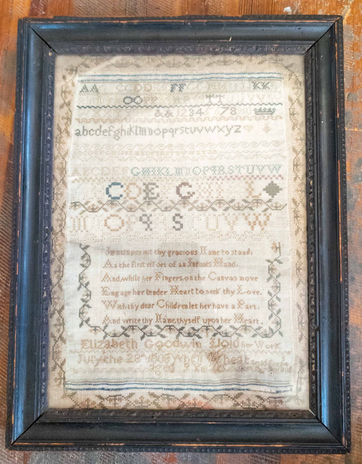 Antique English Georgian Needlework Sampler Elaborate Work with Verse 1808 Age 9