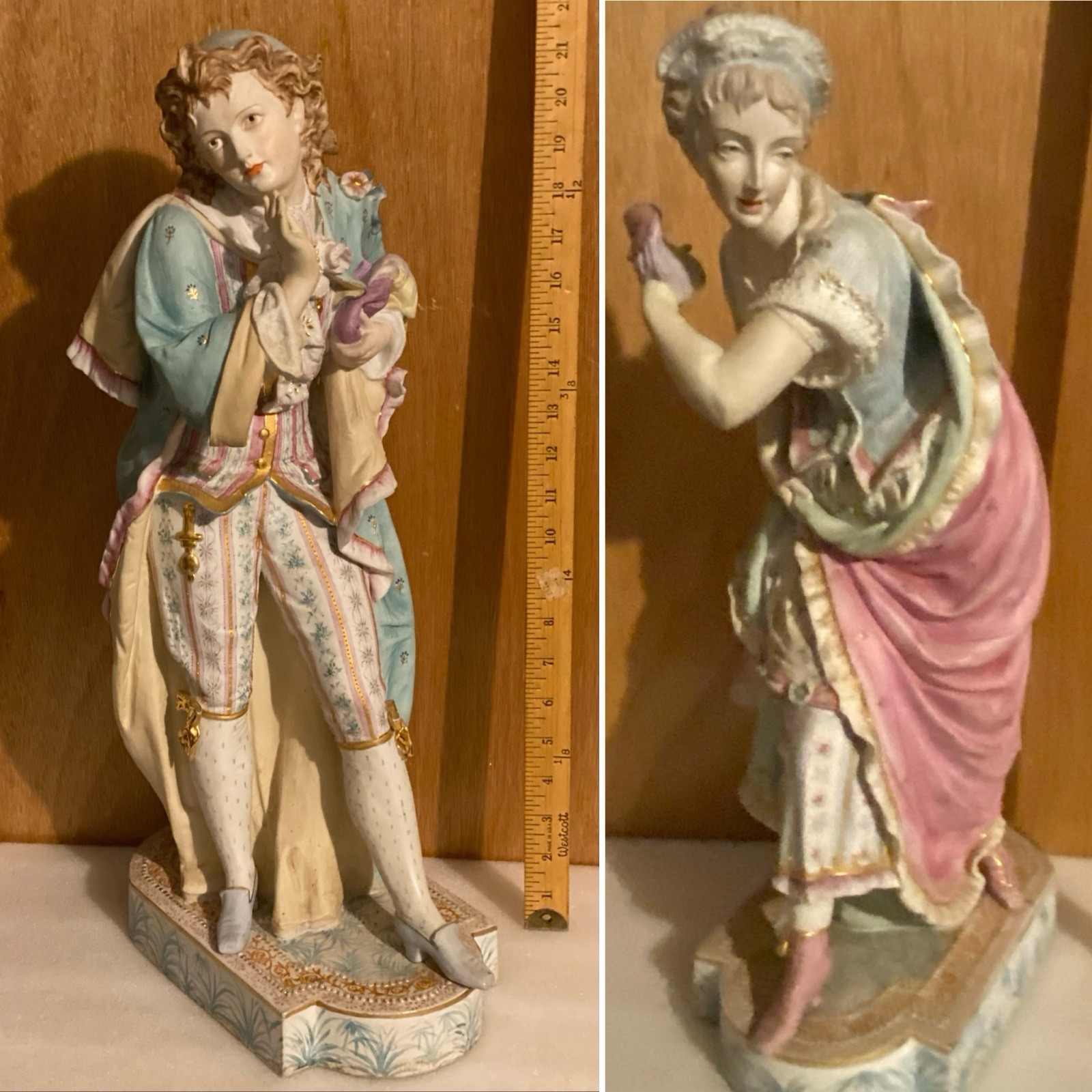 PAIR OF LARGE VINTAGE BISQUE SYLVAN CHINA PORCELAIN FIGURAL 21\