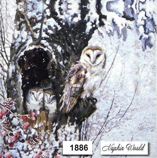 (1886) TWO Individual Paper LUNCHEON Decoupage Napkins - BARN OWL WINTER OWLETS