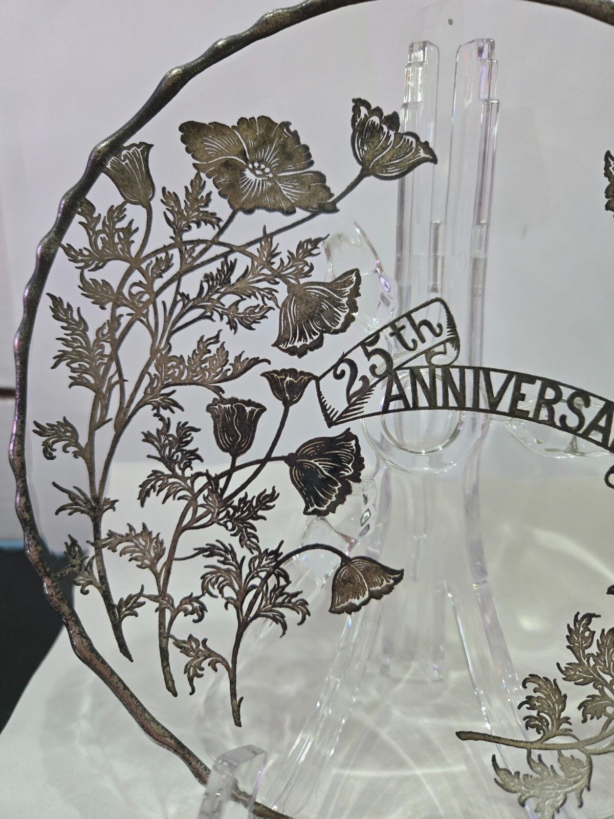 Vintage 25th Anniversary CLEAR GLASS CAKE PLATE Silver Flowers & Trim