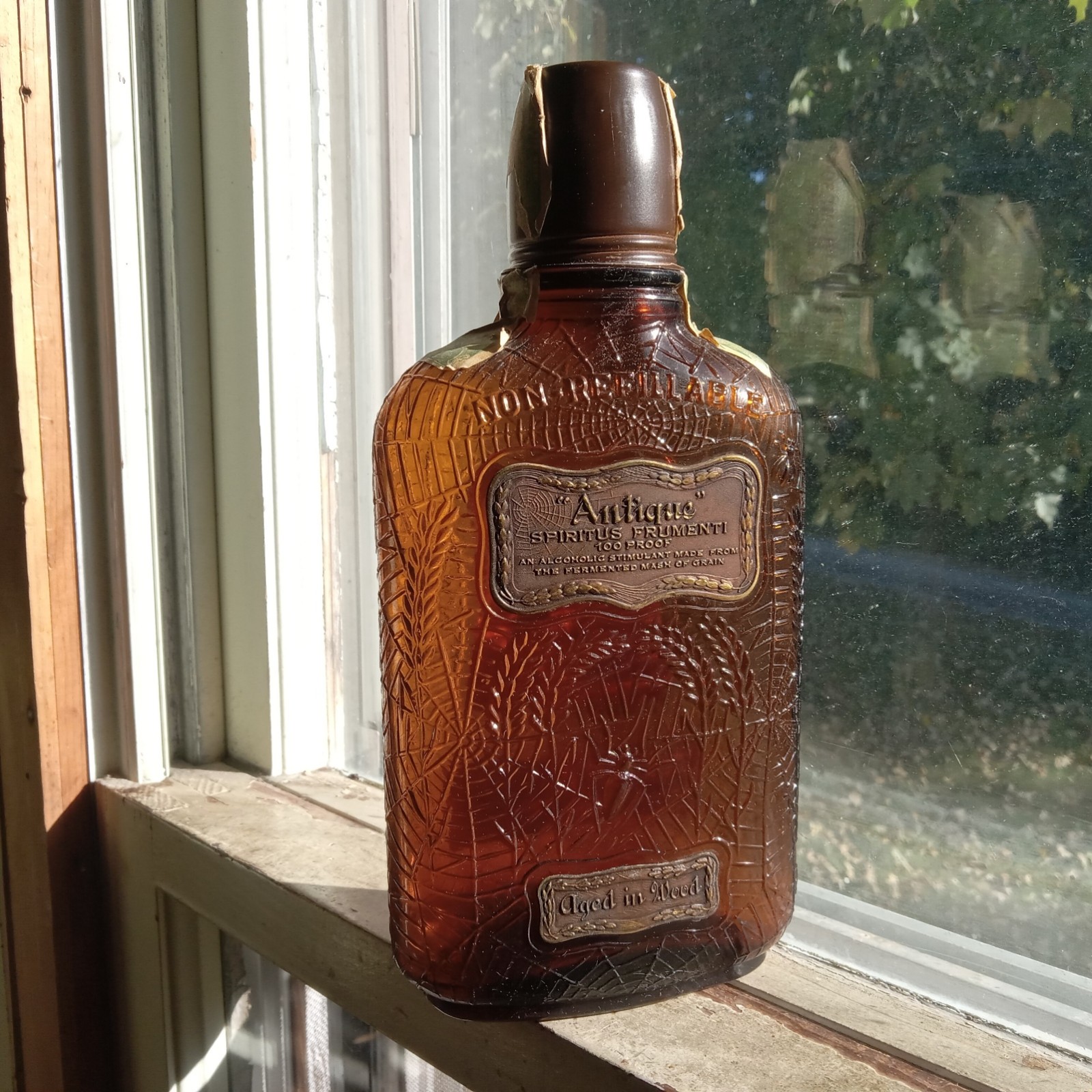 1927 DATED SPIRITUS FRUMENTI PINT WHISKEY FLASK SPIDER & FLY IN COBWEB LABELS
