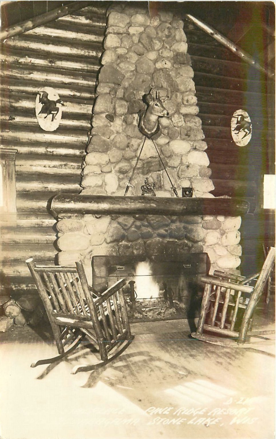 RPPC Pine Ridge Resort Stone Lake, WI Rustic Lodge Fireplace Deer Mount 1941