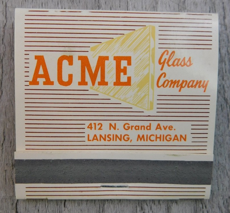 Acme Glass Company Lansing Michigan Full Unstruck Vintage Matchbook Ad Acme Glass Company Lansing Michigan Full Unstruck Vintage Matchbook Ad