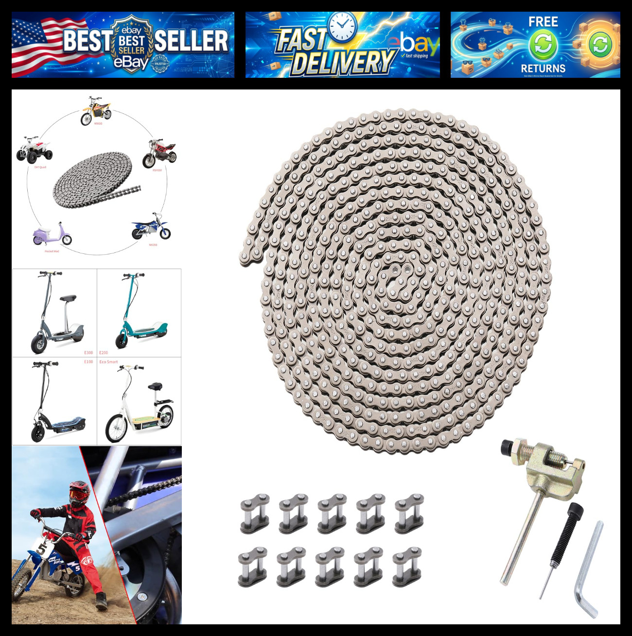 KAMIER 25H Roller Chain 10 Feet 480 Links Breaker for Razor MX350 MX500 MX650 SX