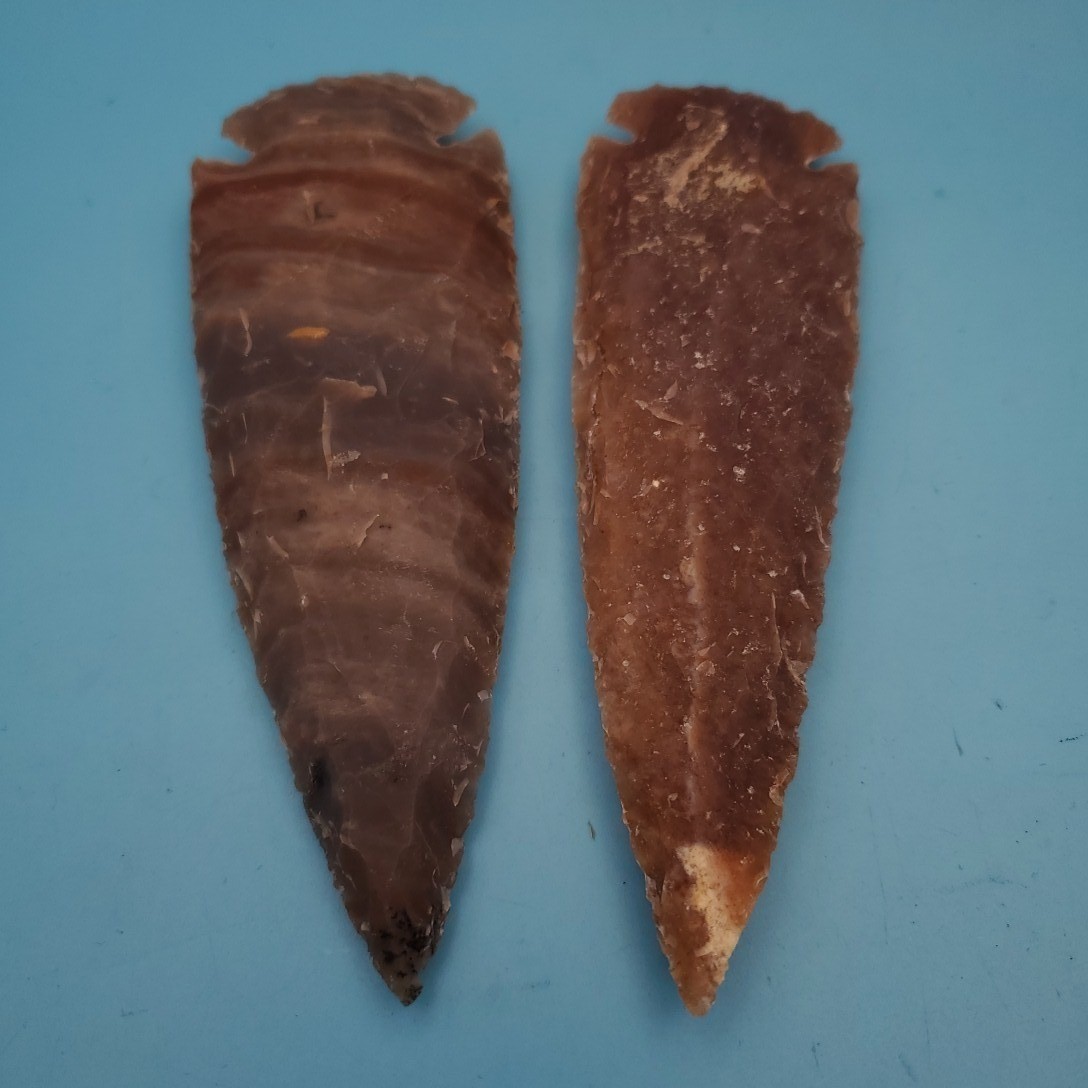 Vintage Hand Knapped Flint Arrowhead Spear Point Set Brown Chert Stone 5.25x1.5
