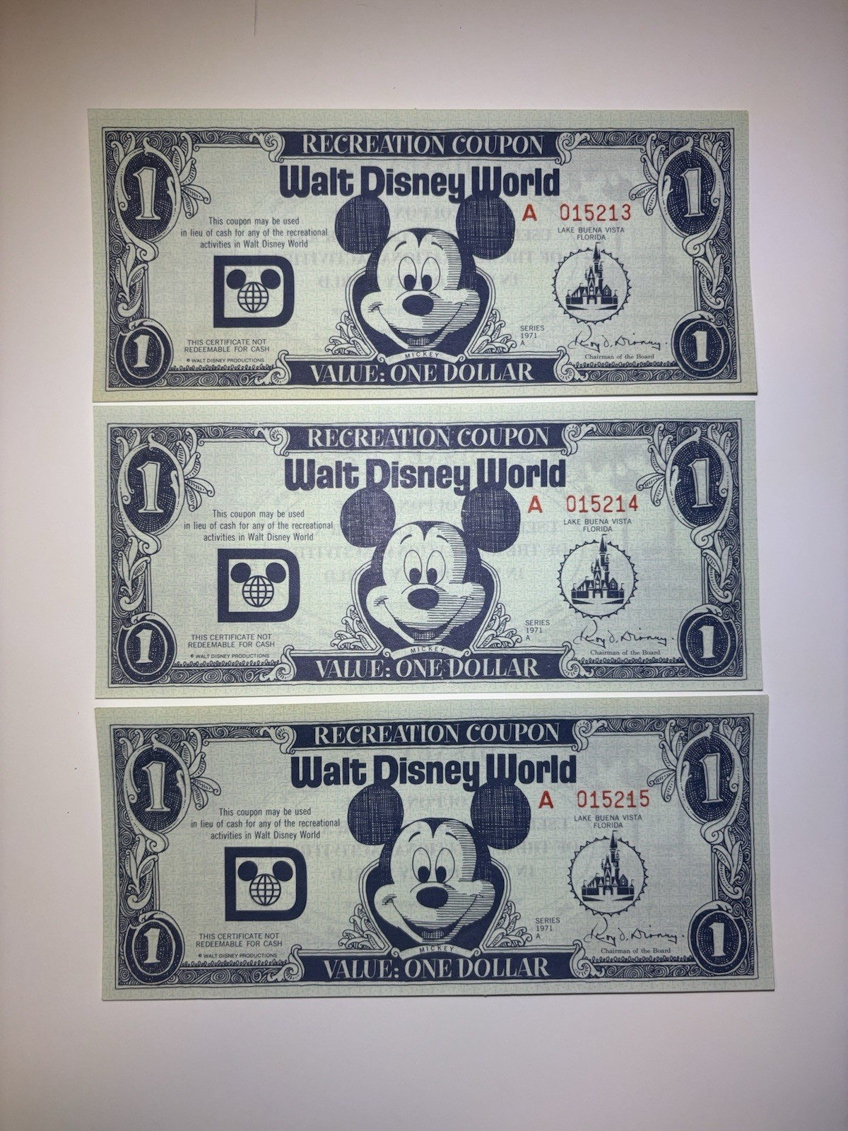 Vintage 1971 Walt Disney World $1 Recreation Coupons A 015213-015215 Consecutive