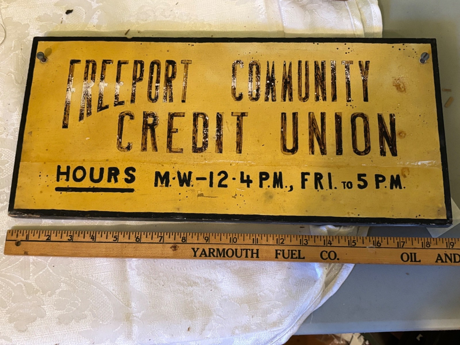 1960s Freeport ME Credit Union Bank wooden advertising sign  19” x 9”