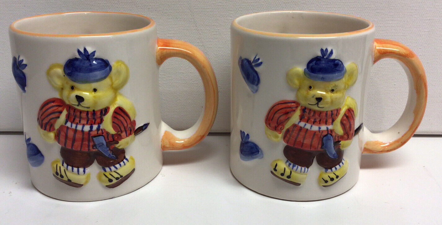 Set of 2 Vintage Rare Embossed Ceramic 3D Teddy Bear Mugs Coffee Cups