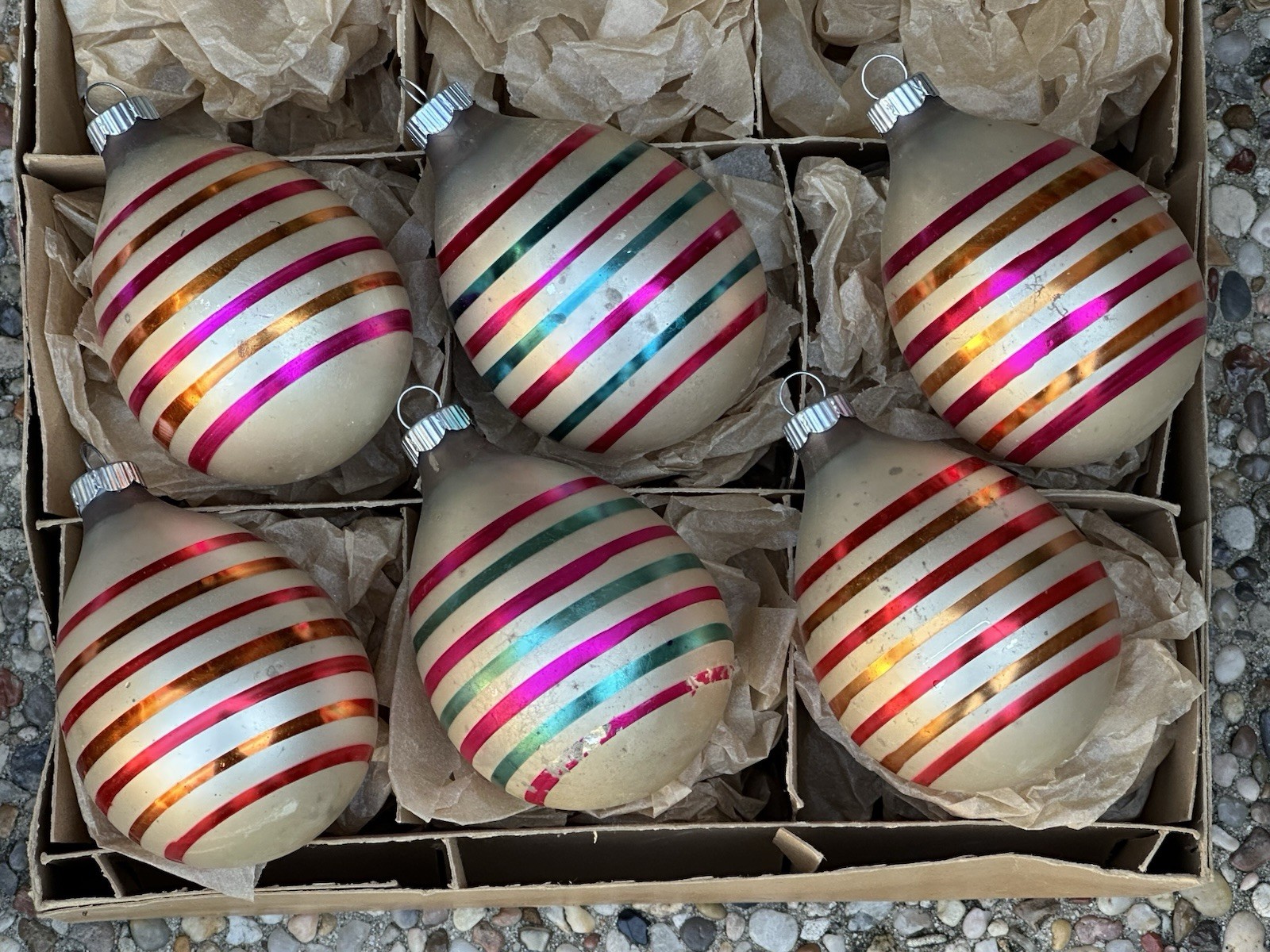 VTG Shiny Brite Made In USA Pink Orange Teal Stripe Egg Glass Ornaments