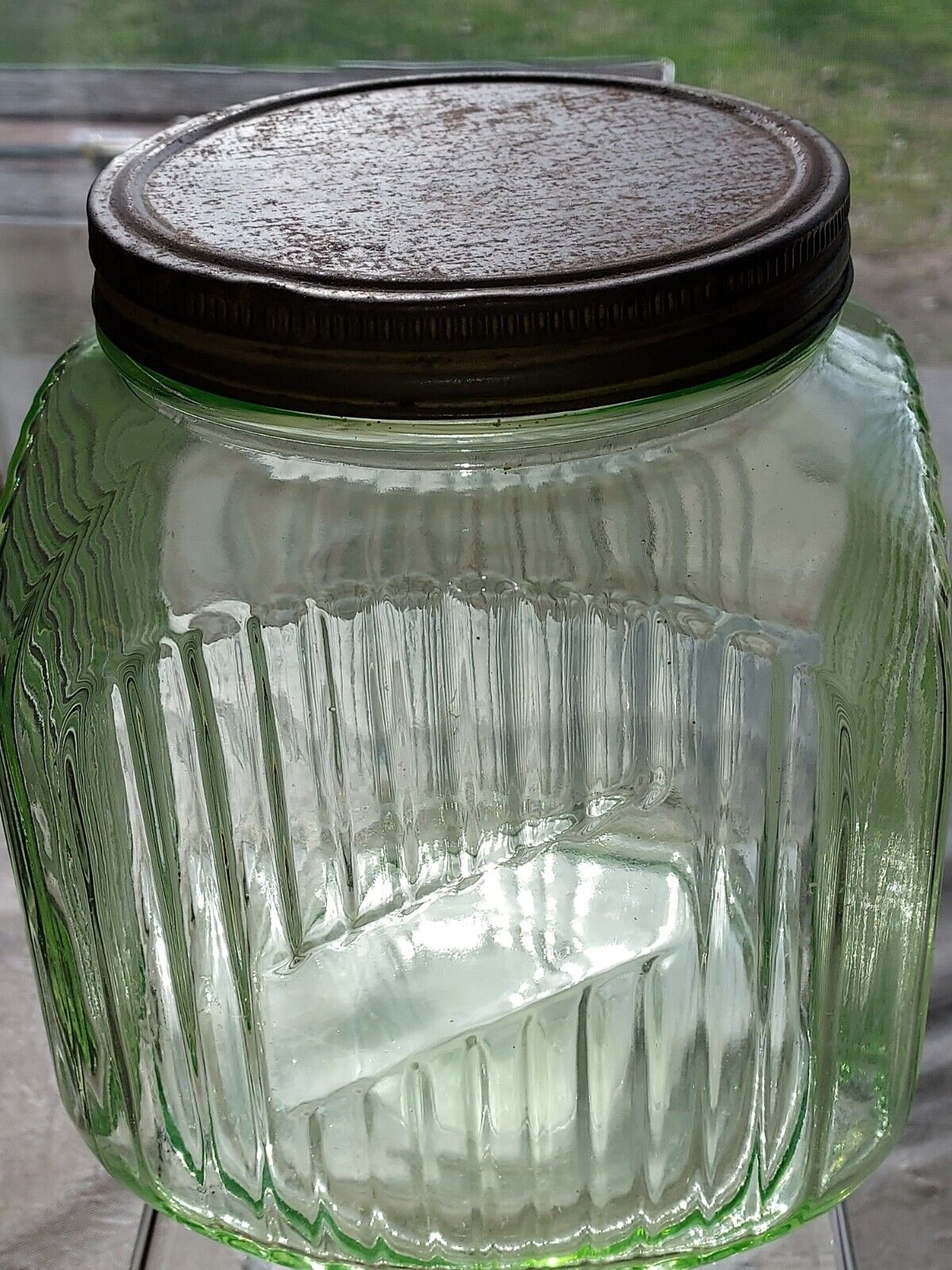Vintage 1930's Hoosier Ribbed Green Uranium Depression Glass Cookie Jar w/Lid