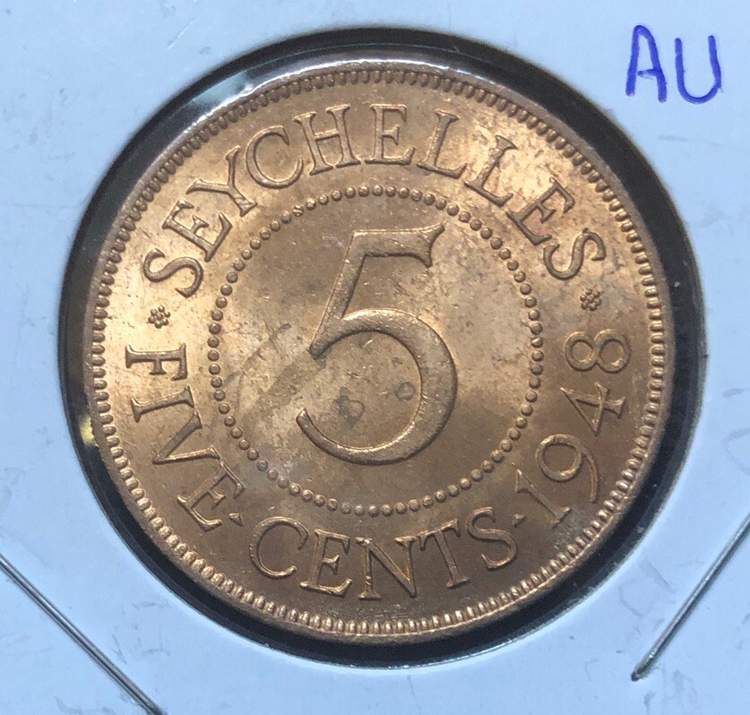 1948 Seychelles 5 Cents UNCIRCULATED Bronze Coin-28.4MM-GeorgeVI-MINTAGE=300,000