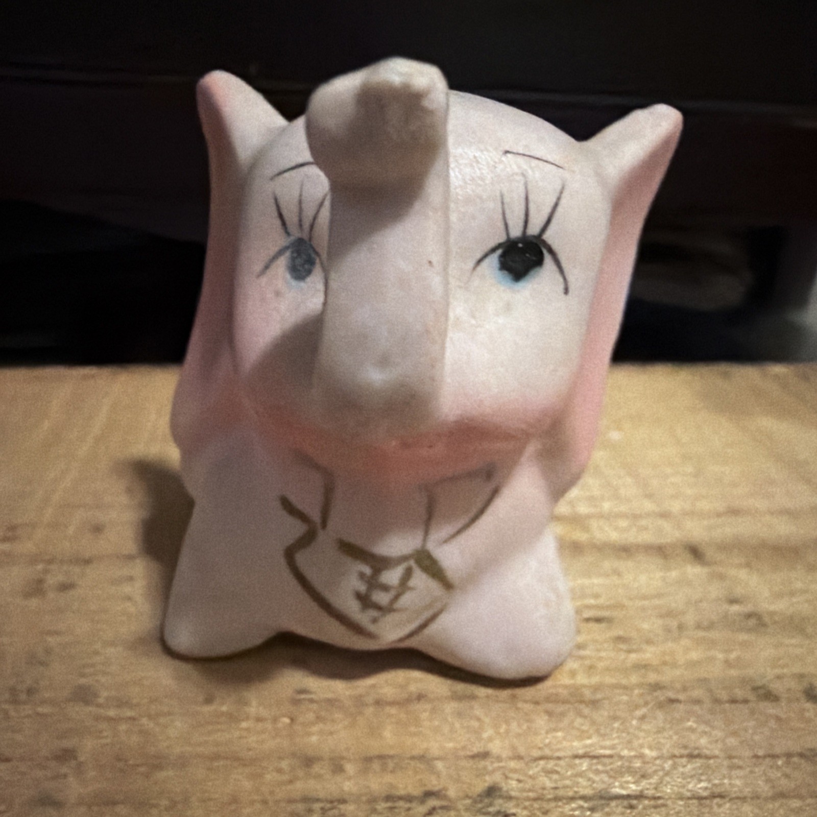 Vintage Brinn\'s LITTLE PINK ELEPHANT Bisque Figurine wearing NECK TIE Trunk Up