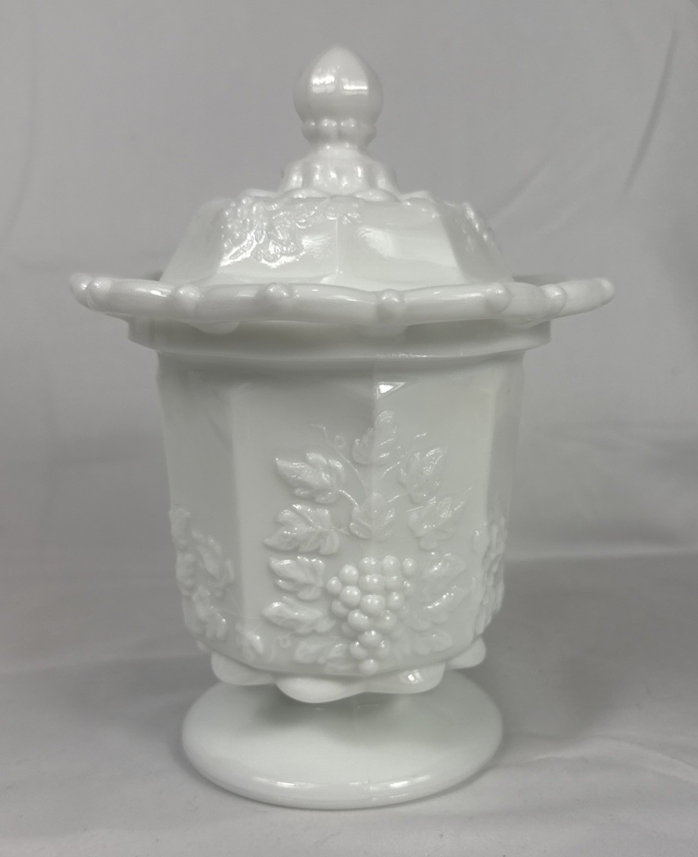 Westmoreland Glass Milk Glass Covered Sugar Paneled Grape Lacey Edge Cottagecore
