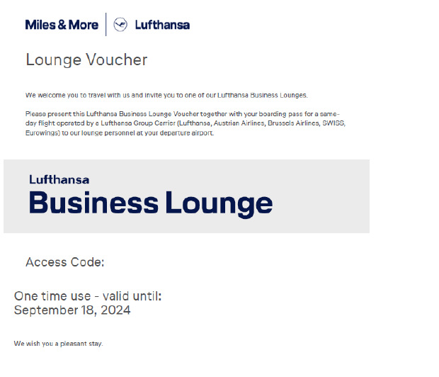 Lufthansa Business Lounge Pass. Exp September 18, 2024. Email Delivery
