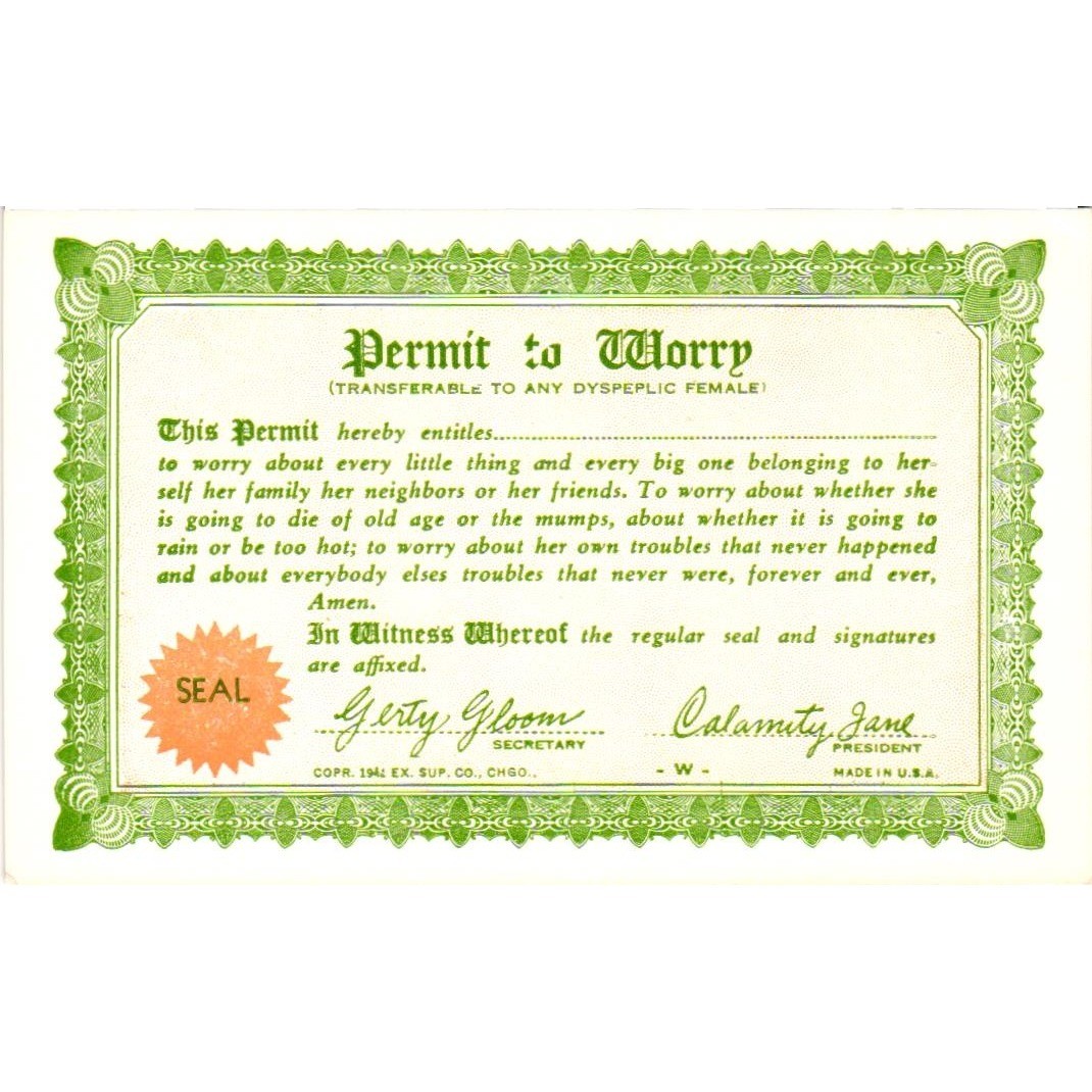 Vintage 1941 Permit to Worry Novelty Card Ex Sup Co Chicago Humorous Ephemera
