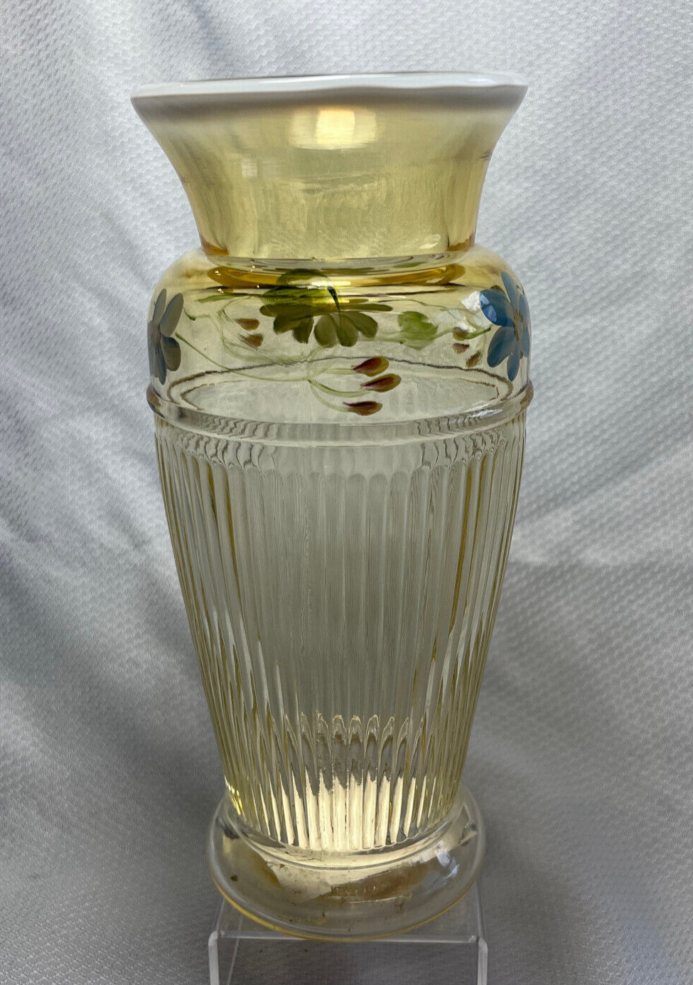 Fenton Art Glass Yellow Opalescent Vase ALS Handpainted Piece White Crested Rim Fenton Art Glass Yellow Opalescent Vase ALS Handpainted Piece White Crested Rim
