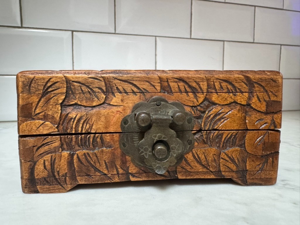 Vintage Hand Carved Wooden Trinket Box Intricate Leaf Pattern Aged Brass Latch
