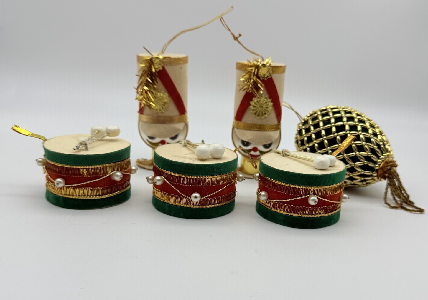 6 Vtg Christmas Felt Cardboard Ornaments Drum, Toy Soldier Ornaments  Japan