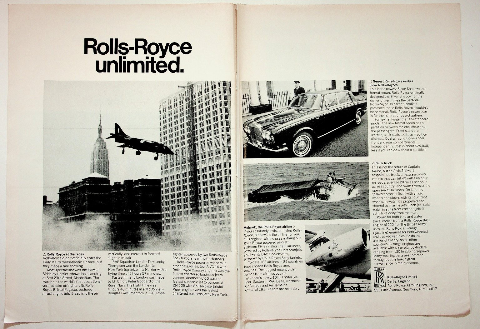 Vintage Rolls-Royce Unlimited Magazine Ad Harrier Jet Silver Shadow Car 1960s