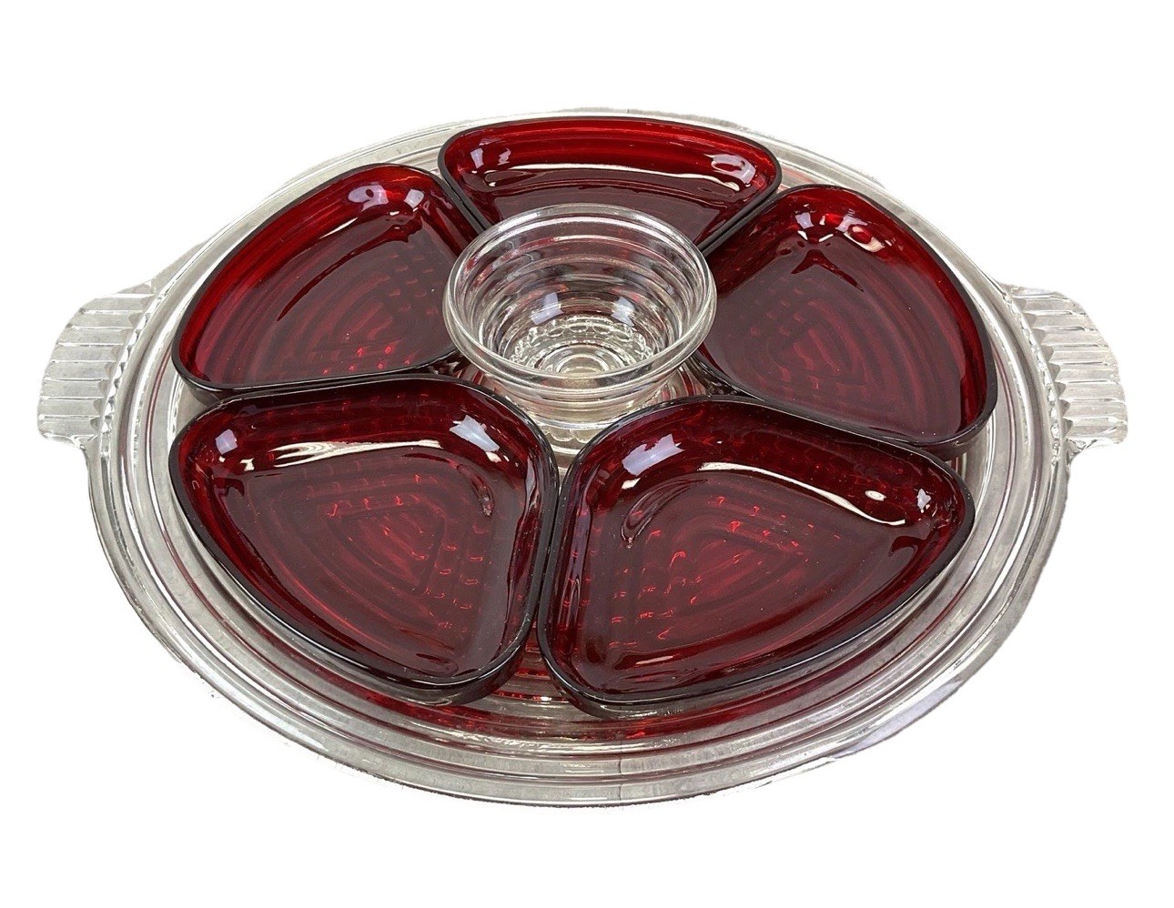 Anchor Hocking Manhattan Glass Relish Tray with Royal Ruby Inserts Vintage Rare