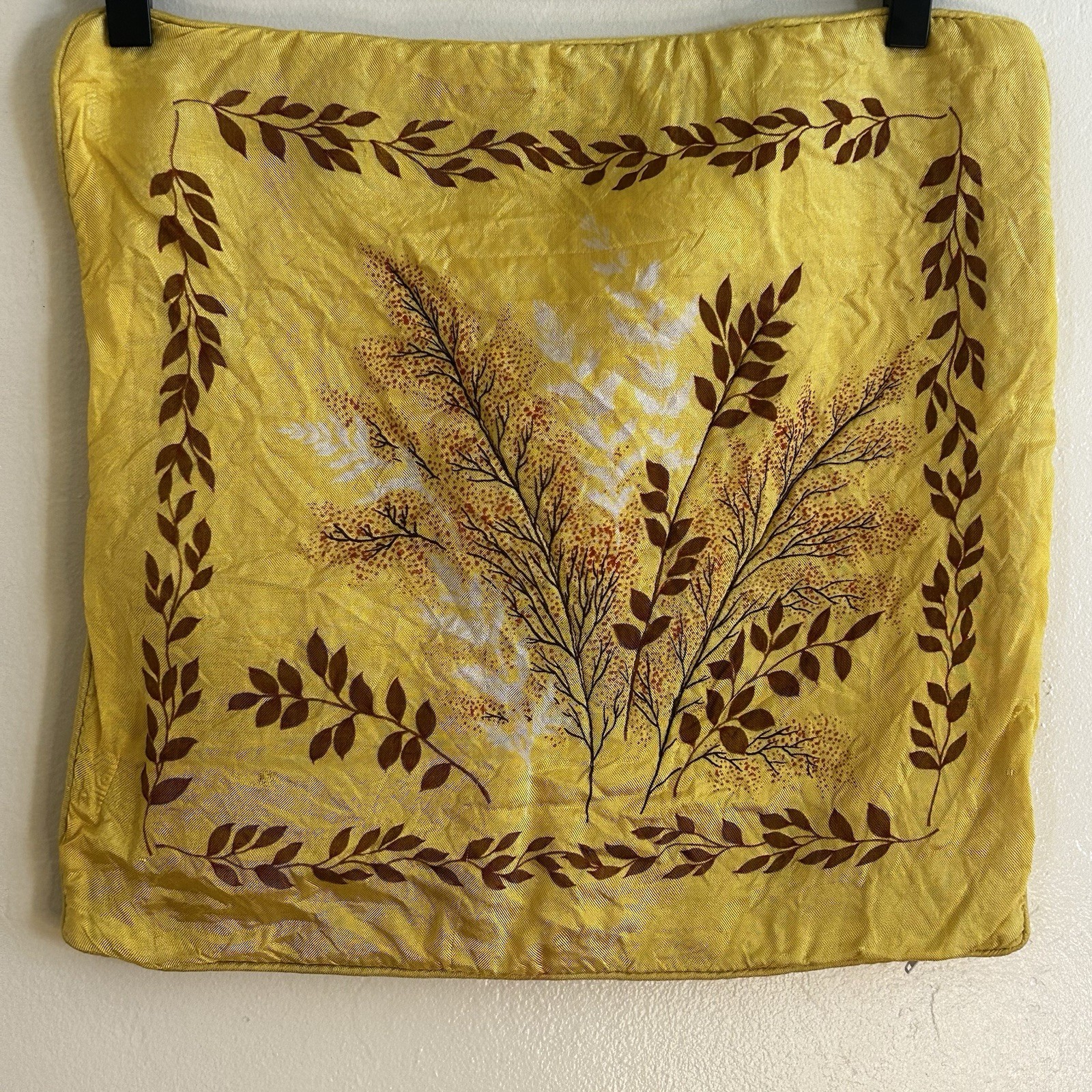 Vintage 60s 70s Groovy Mod Pillow Cover Yellow Brown Leaf Print Boho 15x15 MCM
